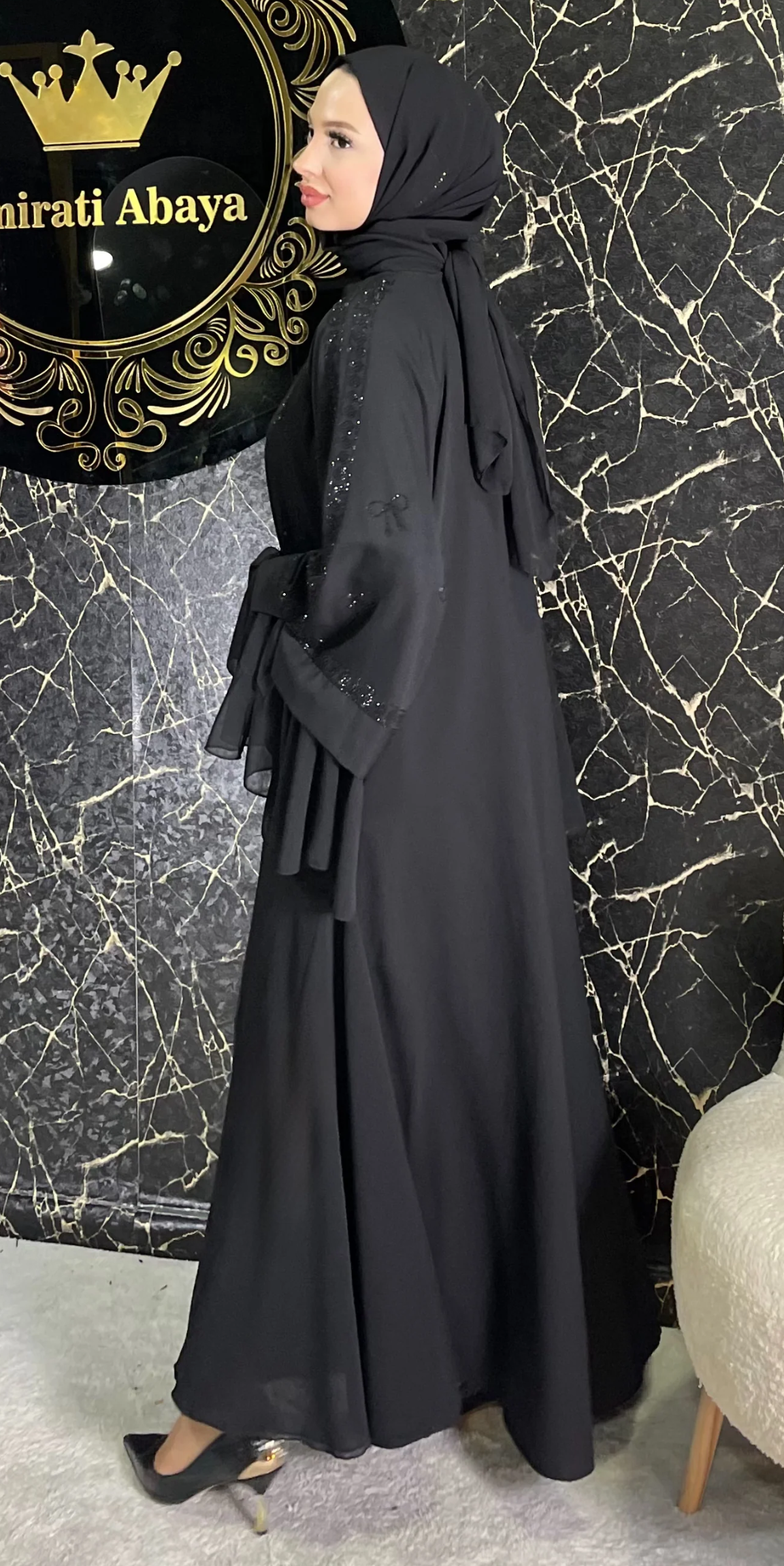 Luxury Butterfly Stone Patterned Black Chiffon and Dubai Fabric Abaya - Shawl Included WS68 BSB