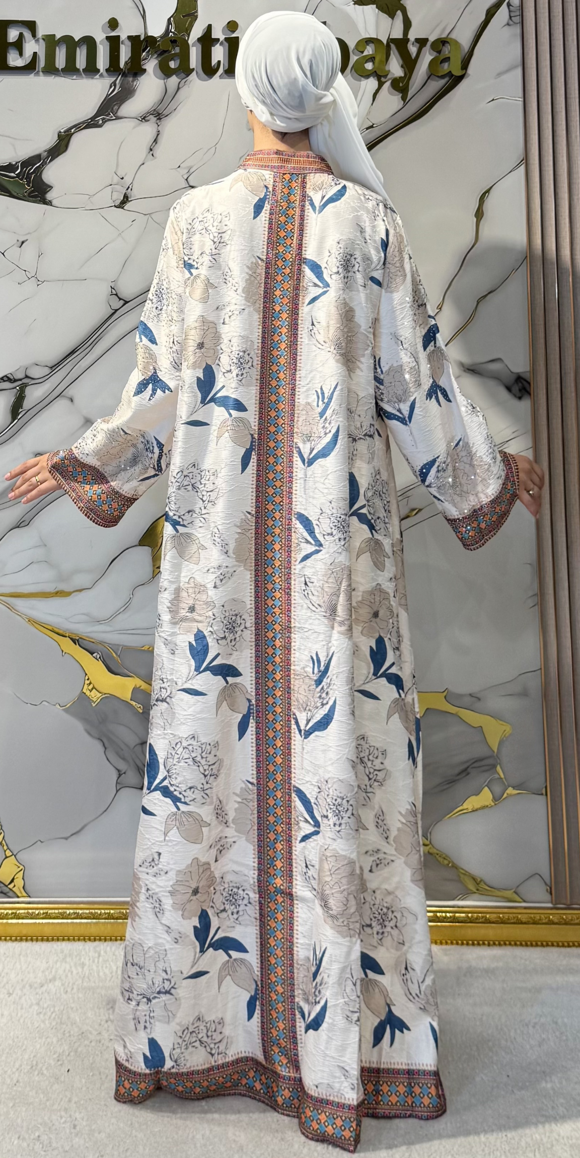 Çiçek Baskılı Krem Jakar Günlük Abaya | KSA05 KREM