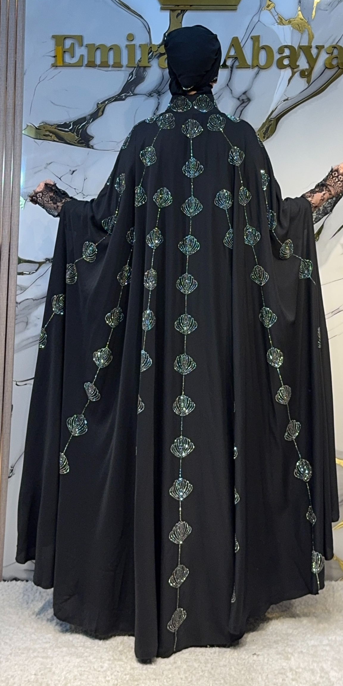 Hematit Taşlı Çiçek Motifli Dubai Kumaş Siyah Kolsuz Abaya | LY67 HSB