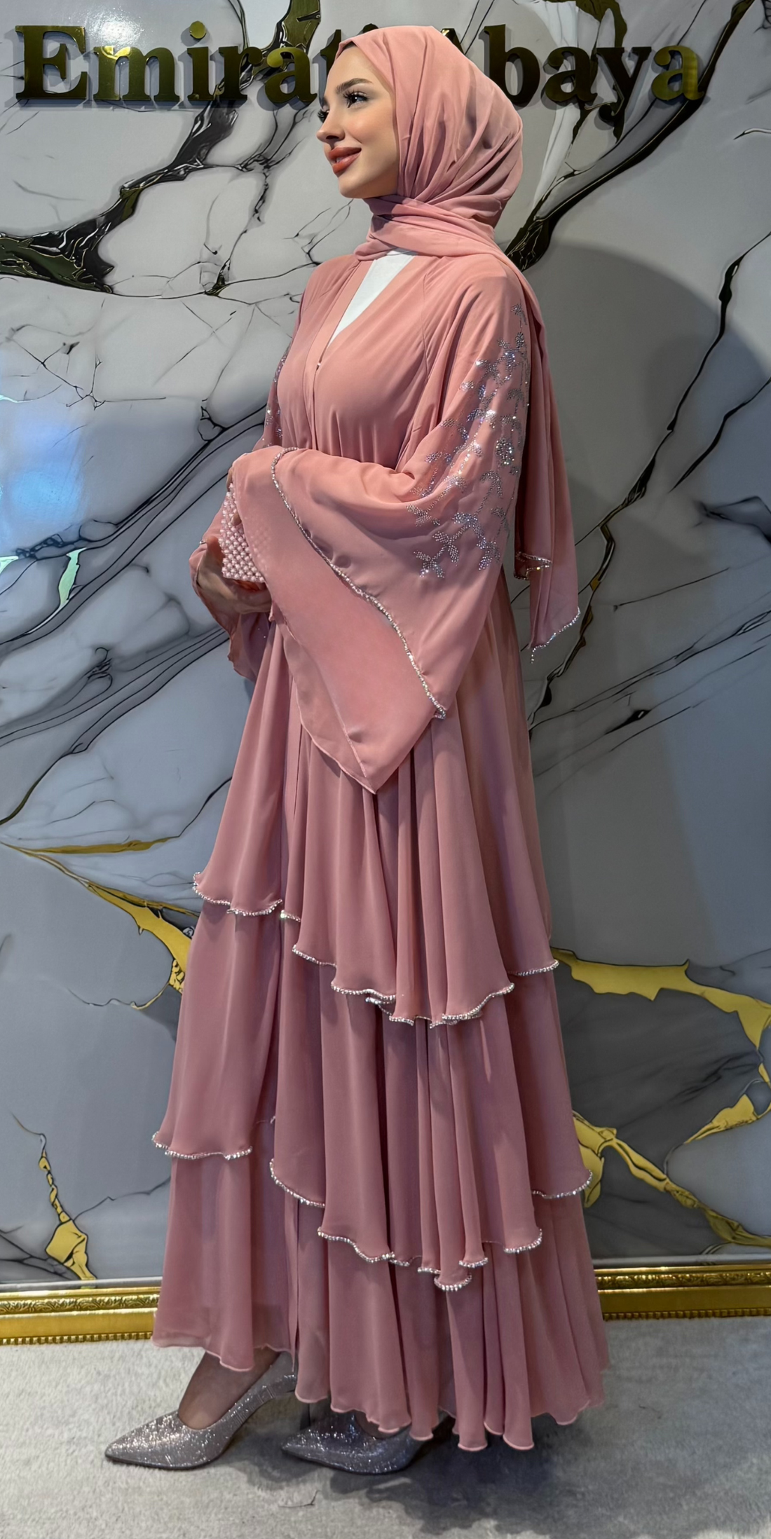 3 Katmanlı Pembe Şifon Taş Detaylı Barbie Abaya Şal ve Kemer Seti