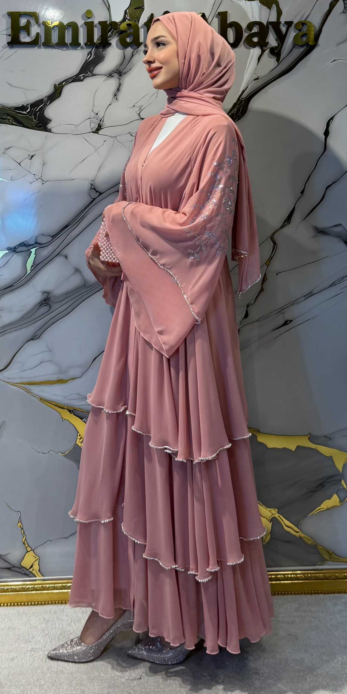 3 Katmanlı Pembe Şifon Taş Detaylı Barbie Abaya Şal ve Kemer Seti