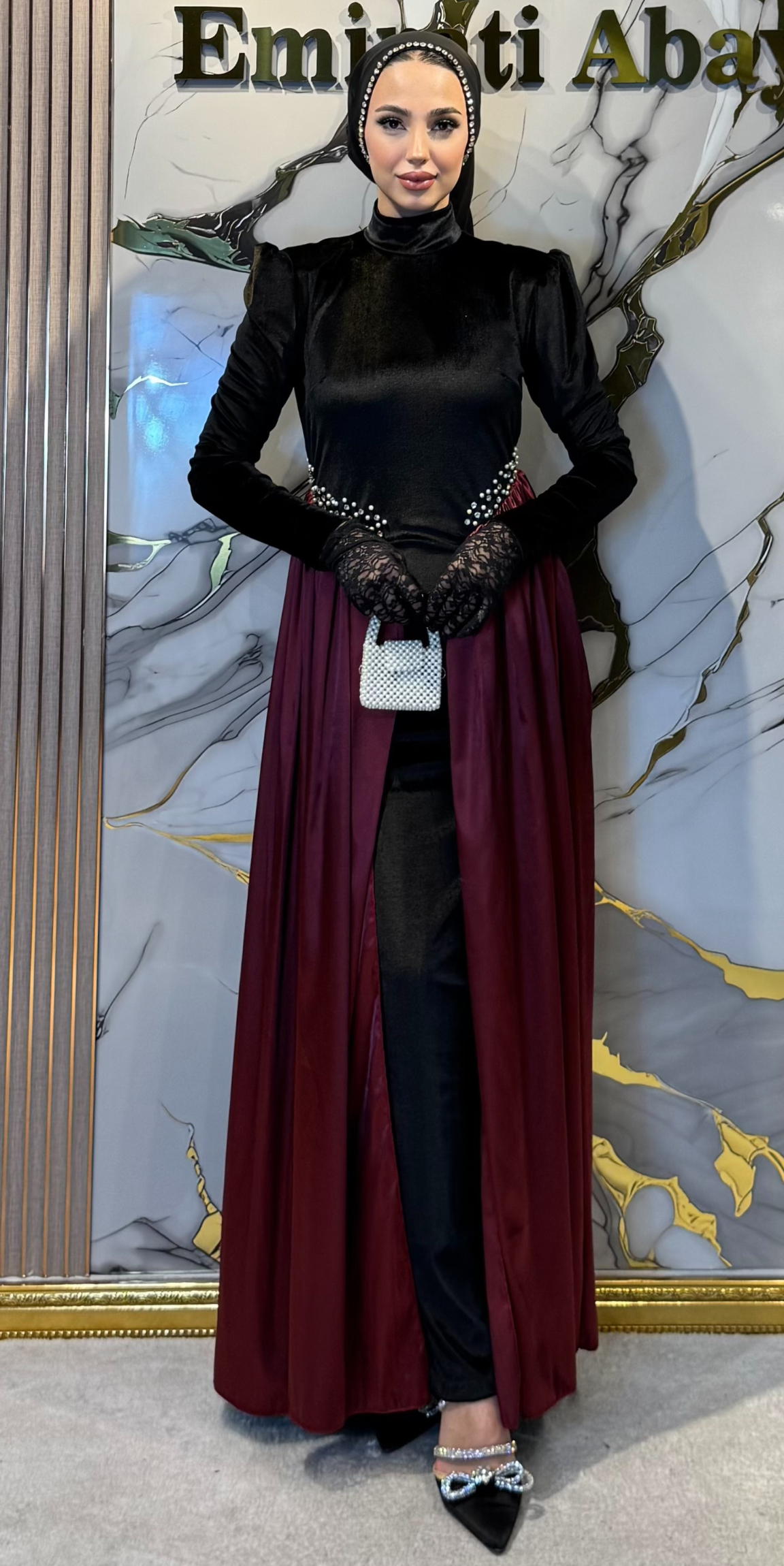 Red Organza Detailed Velvet Dubai Style Evening Dress with Swarovski Crystals