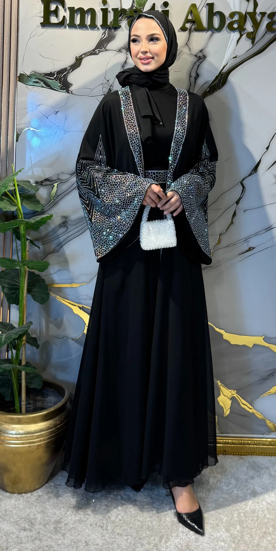 Önü Açık JanJan Taşlı Yöresel Abaya - 4 Parça Set (Şal, Kemer ve İçlik Dahil) Özel Tasarım | TM72 JSB