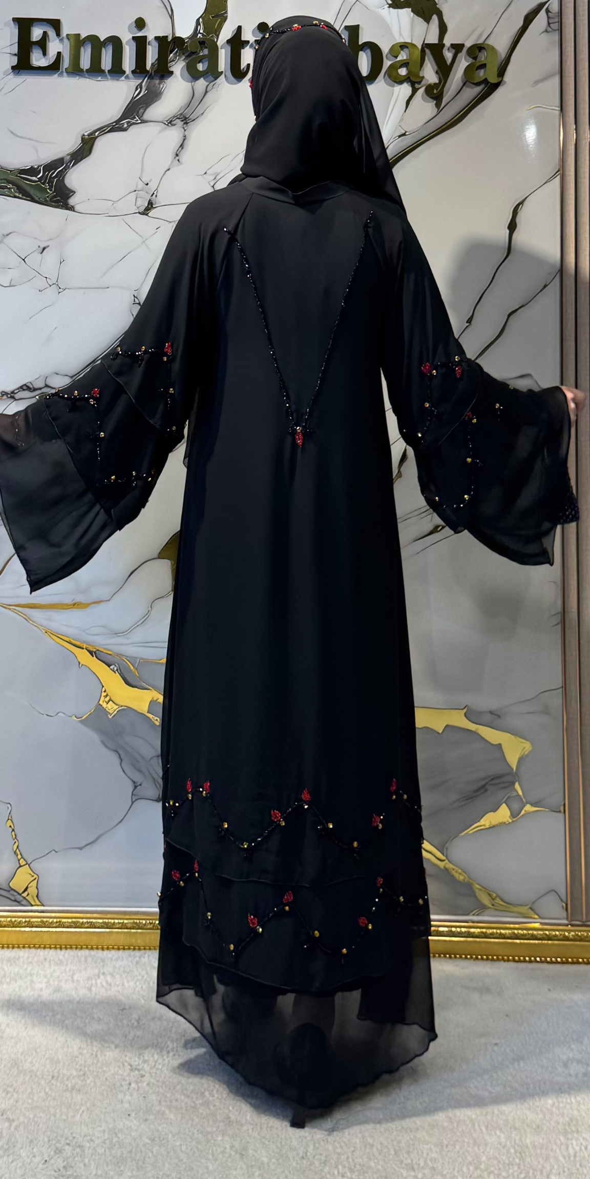 Hand-Embroidered Red Stone Embellished Chiffon Abaya - Wedding and Special Occasion M1 RedSB