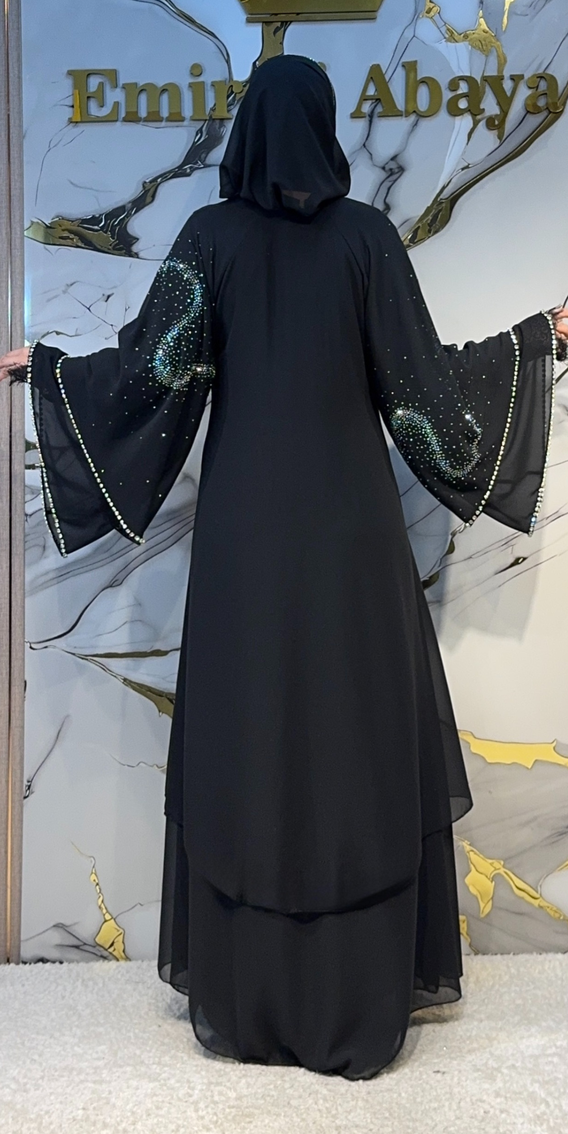 Beyaz Taşlı Kemerli Katlı Siyah Şifon Abaya Emirati Abaya | LY48 WSB