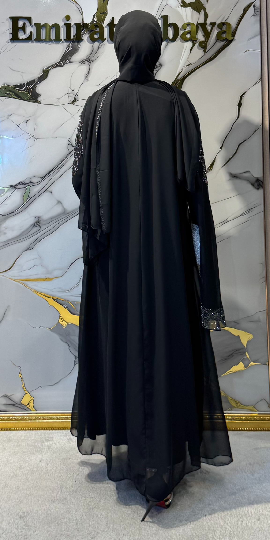 Starlit Noir Hematite Stone Embellished Traditional Abaya | WS57 HSB