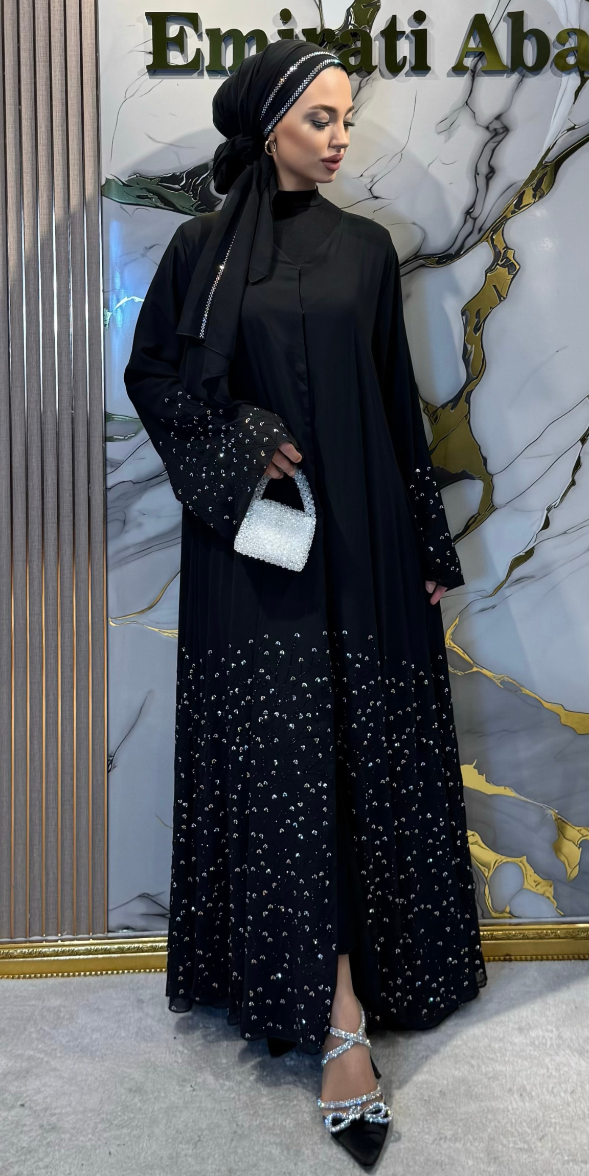 Etekleri Taşlı Papatya Çiçeği Motifli Siyah Şifon Abaya TM36 JSB