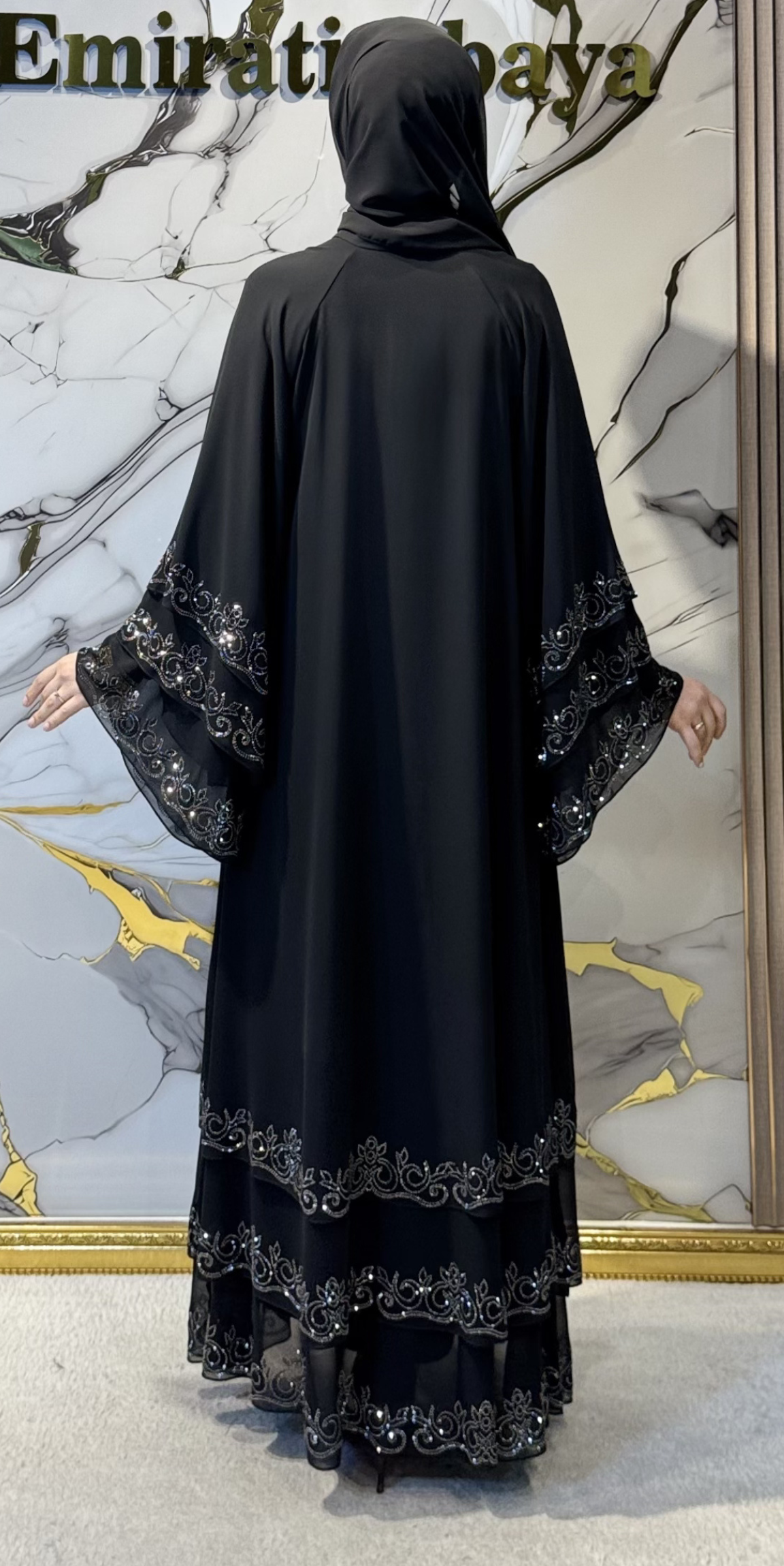 Hematit Taşlı 3 Katlı Siyah Şifon Abaya | LY47 HSB