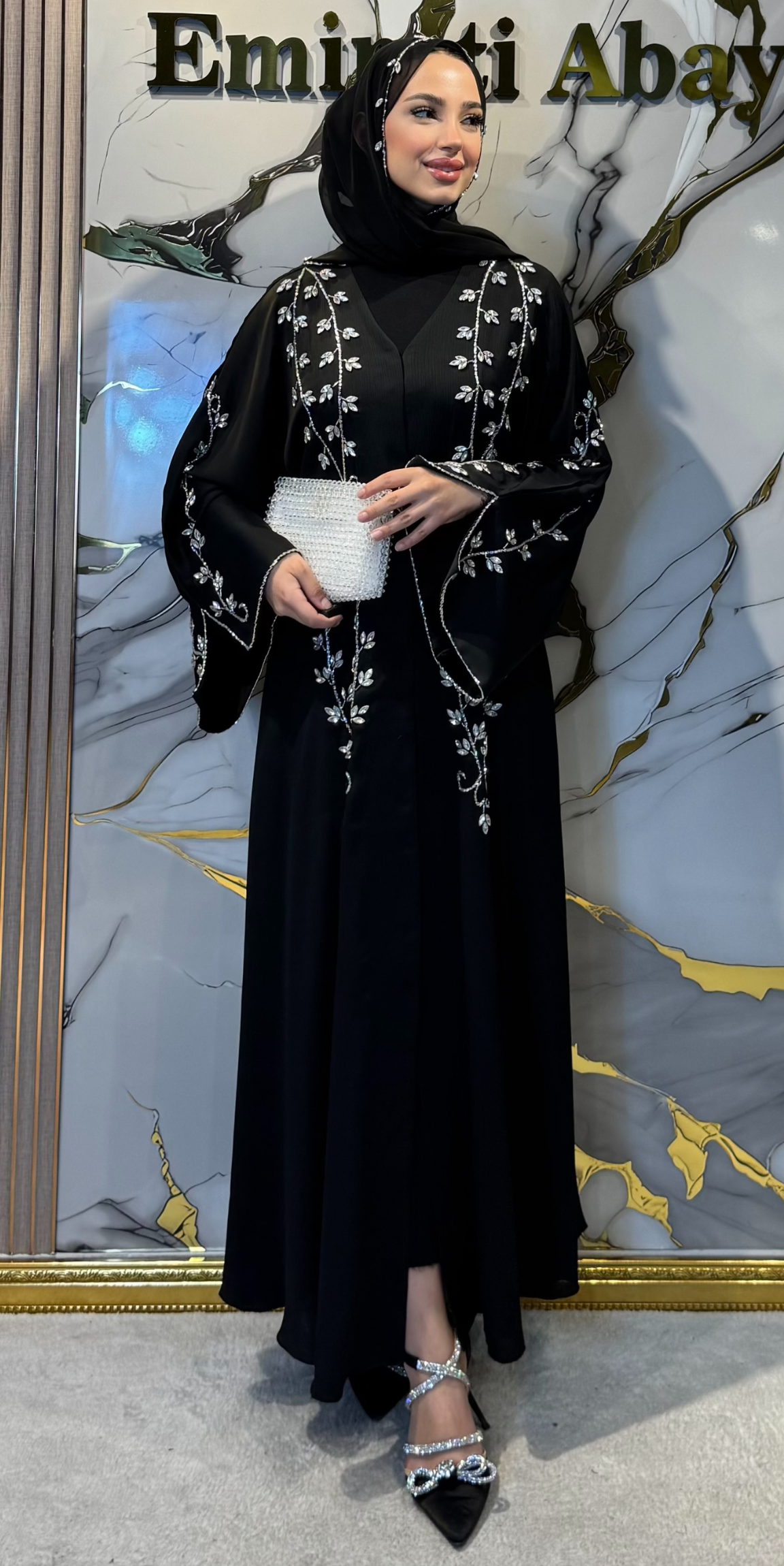 Handmade Dubai Style Black Abaya with Swarovski Crystals