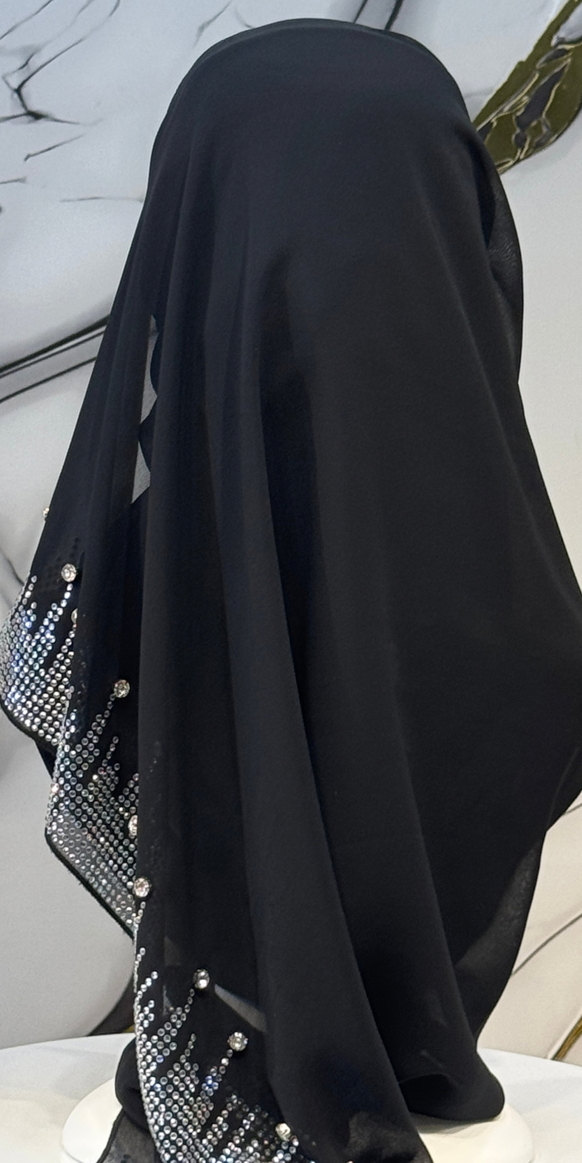 Taş İşlemeli Siyah Şifon Şal Emirati Abaya | ŞAL87 WSB