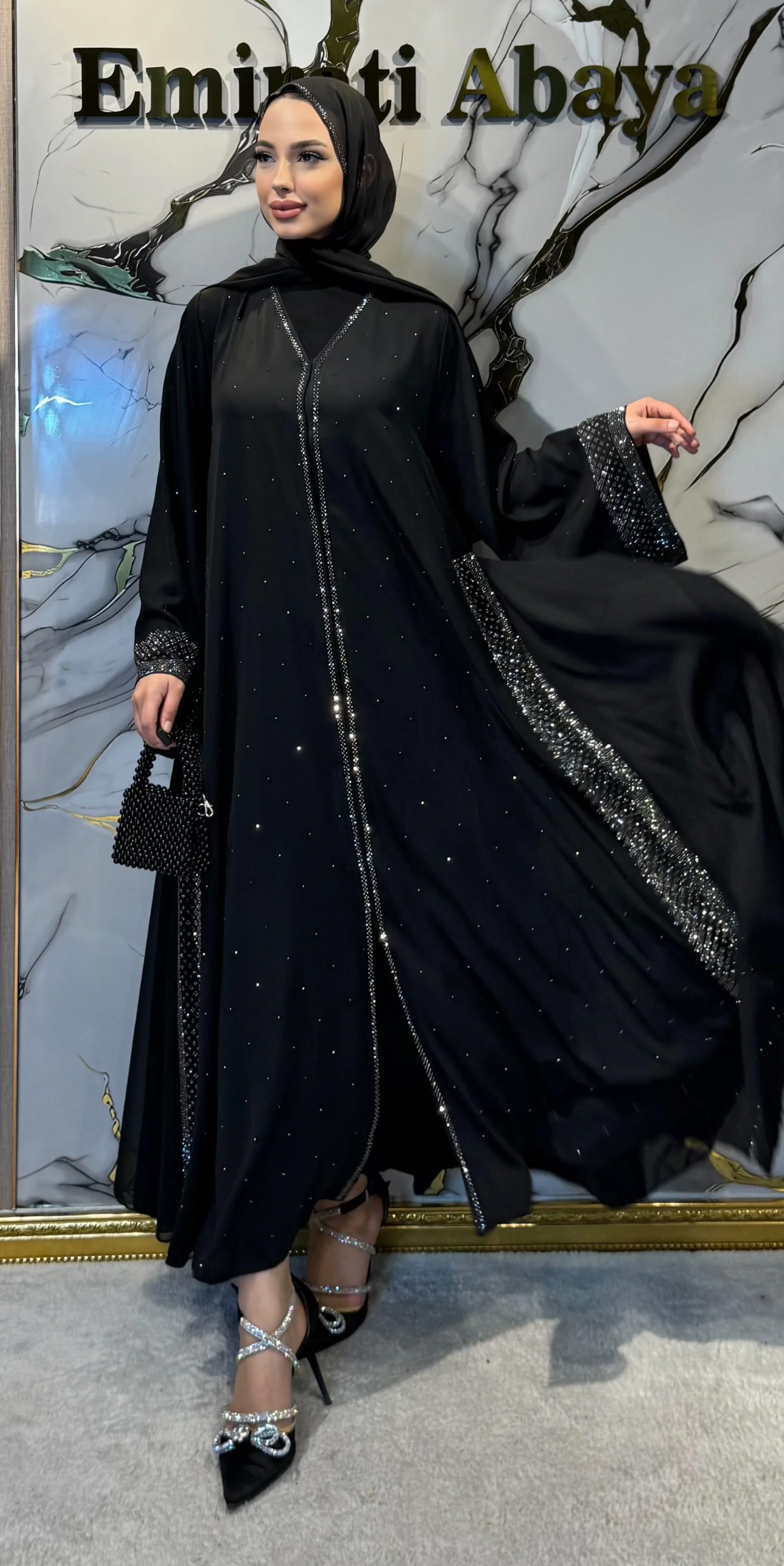 Luxury Dubai Abaya with Hematite Stone Details | LY26 HSB