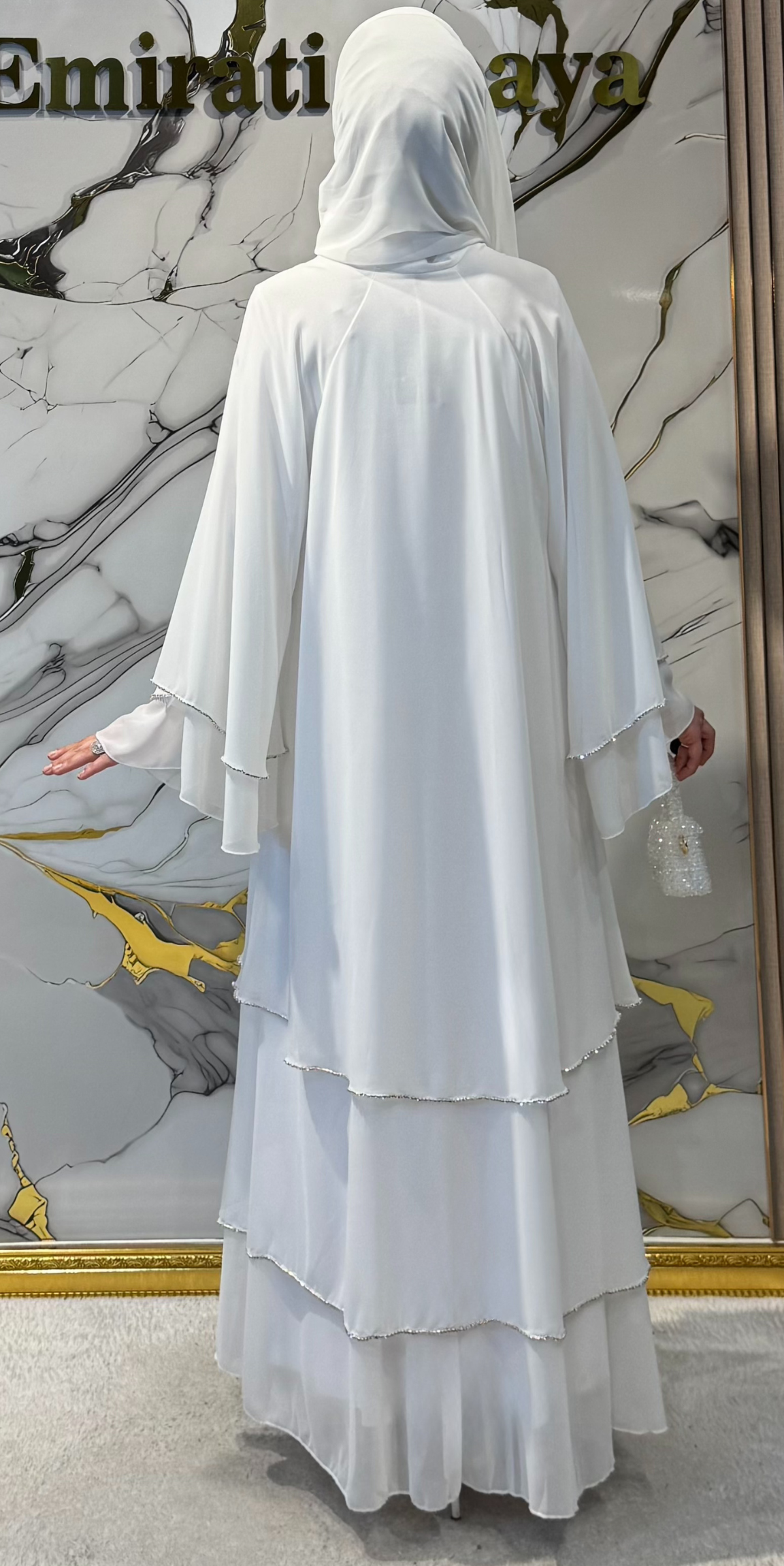 Three-Layer White Chiffon Abaya RK011 WHITE - Elegant Model Including Snap Fastener Shawl and Belt