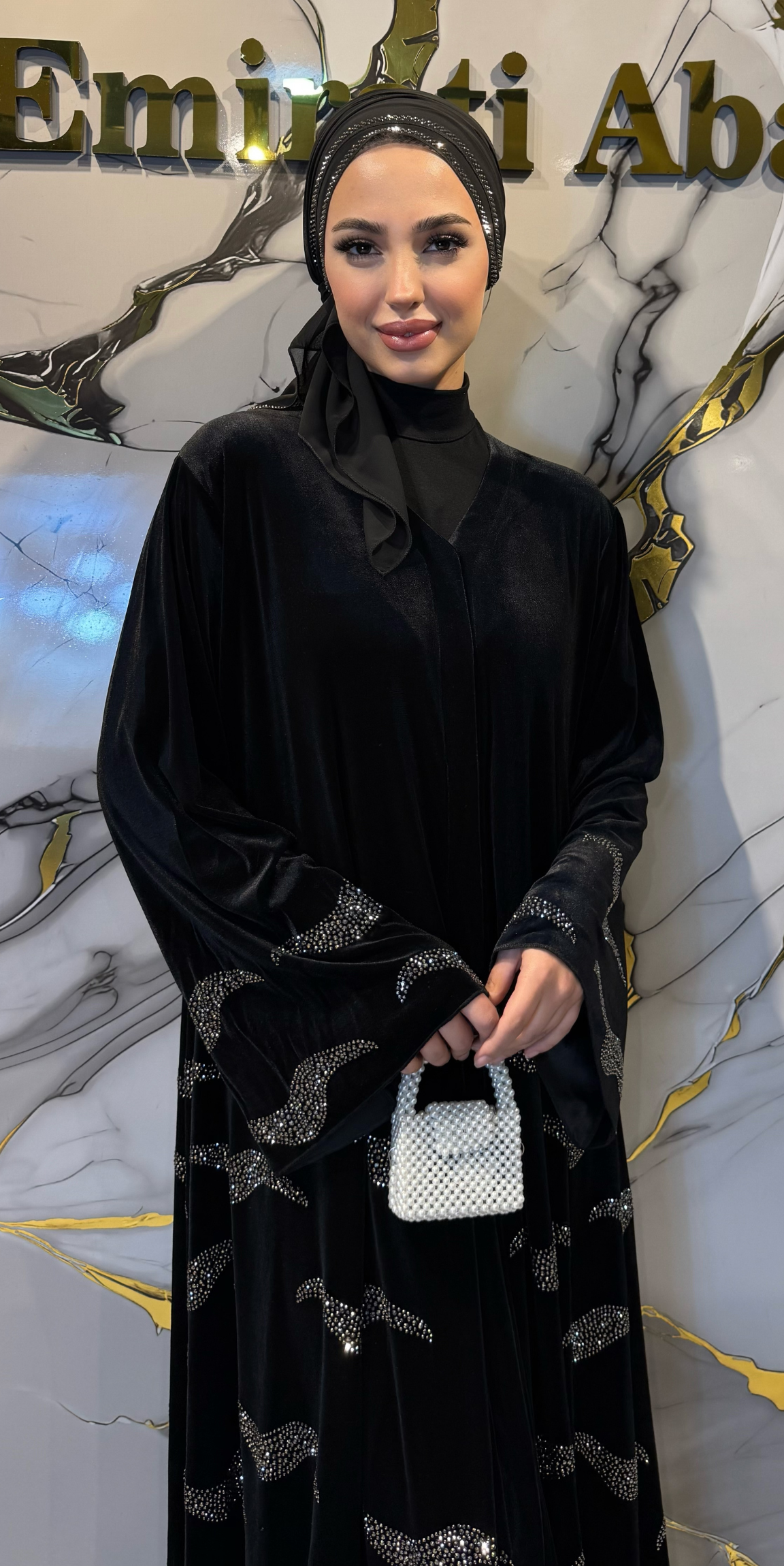 Luxury Black Velvet Abaya with Hematite and Swarovski Crystals | TM39 HSVB