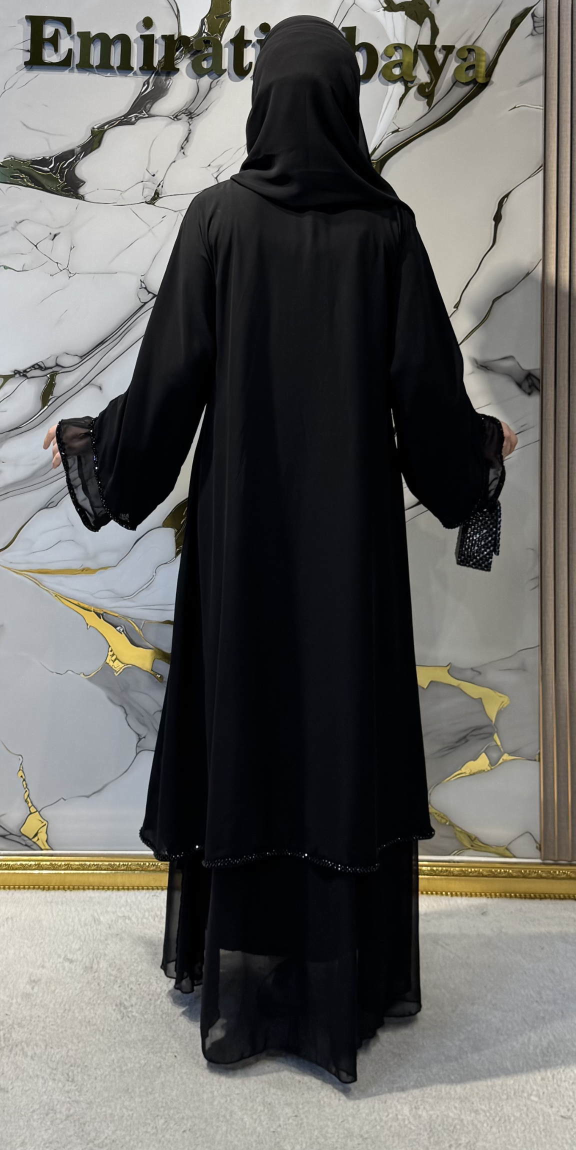 El İşçiliği Siyah Boncuklu Abaya M12 BS Black - Kopçalı Zarif Model