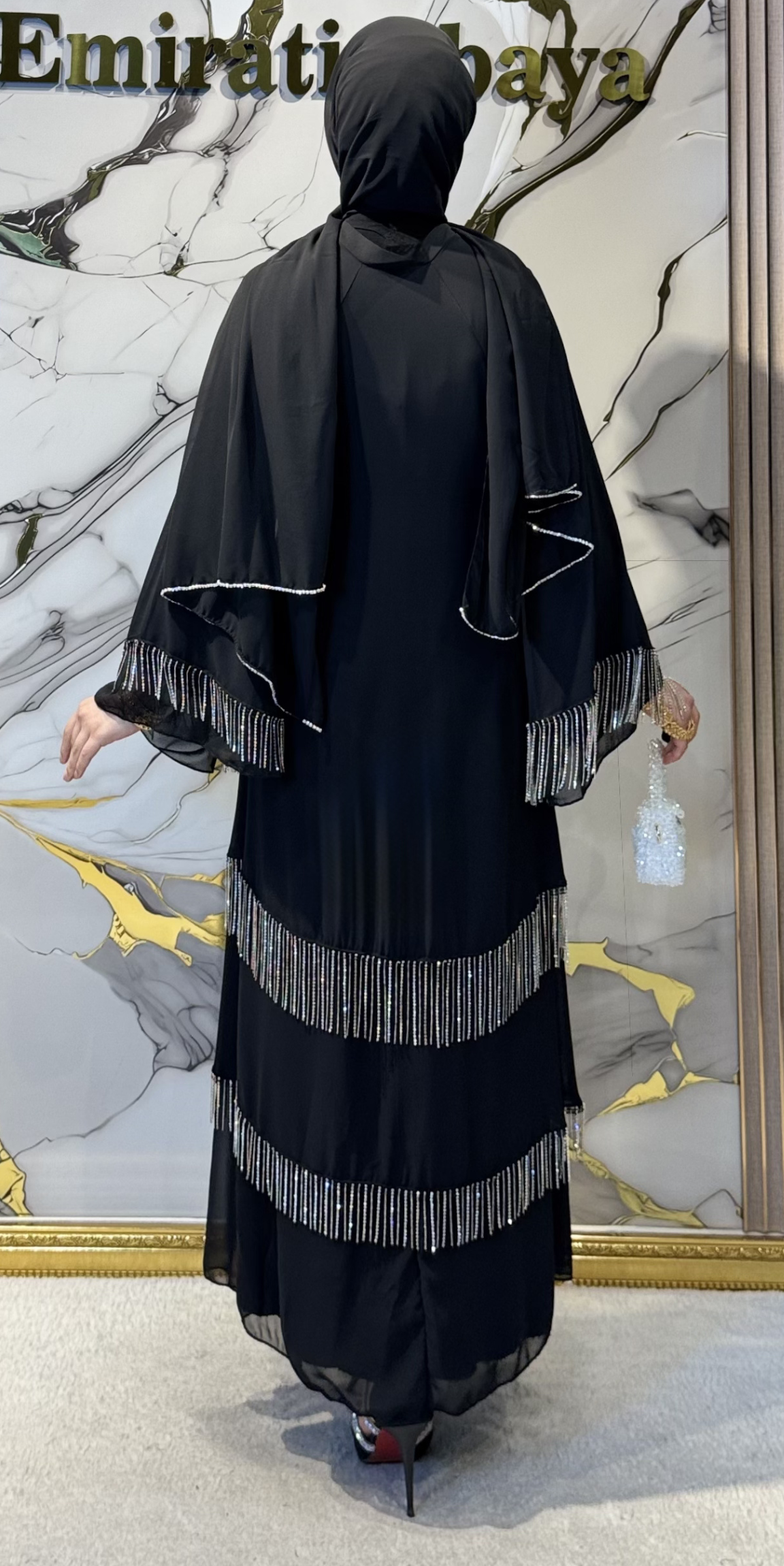 Etek Uçları Kristal Püsküllü Üç Katlı Abaya RK011 Püskül Black - Çıtçıtlı Zarif Model