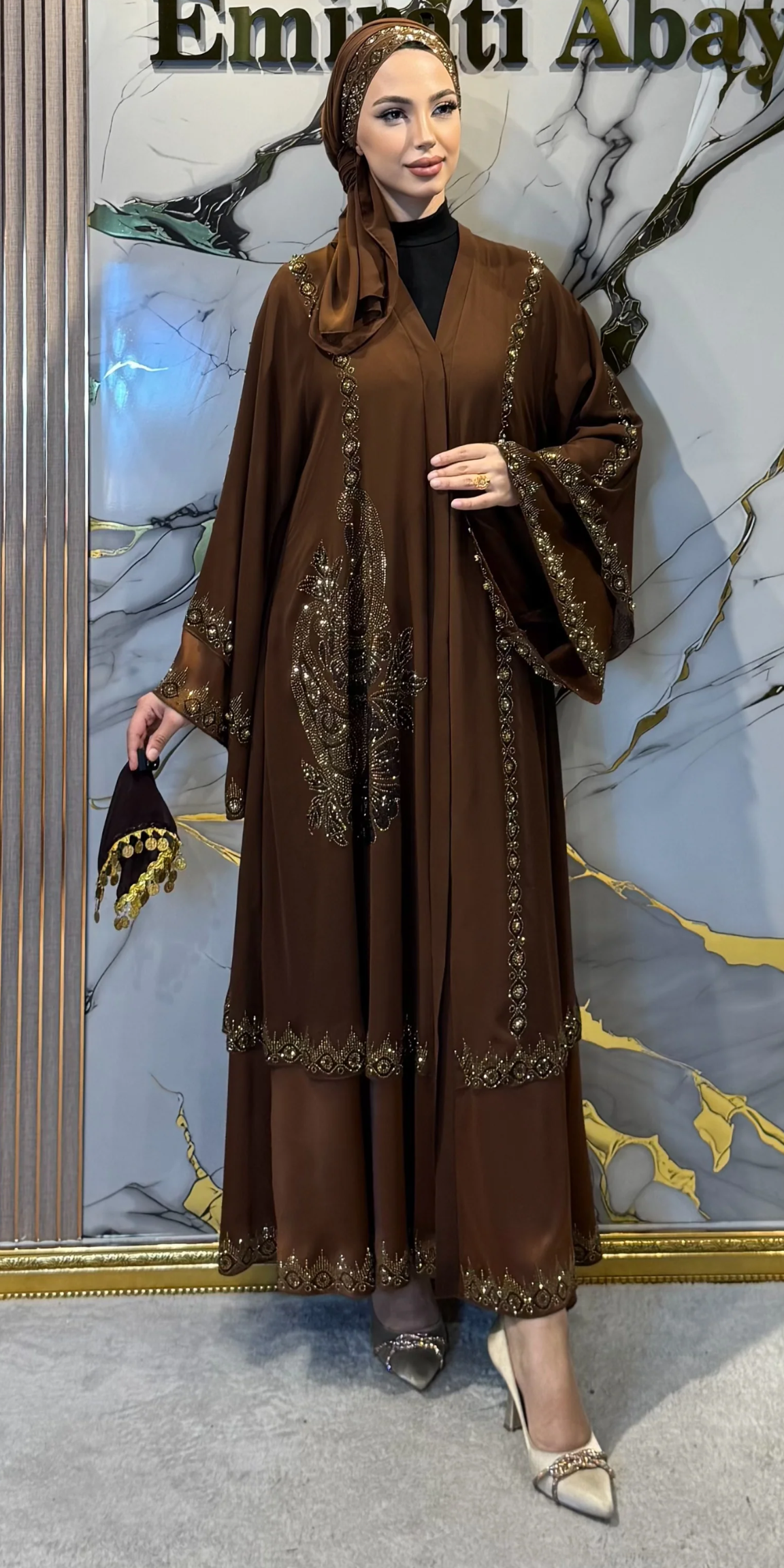 Gold Taş İşlemeli İki Katlı Zara Saten Abaya | LY23 GSK
