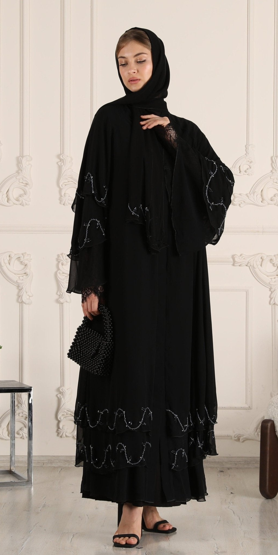 Hand Embroidered Blue Stone Black Chiffon Abaya