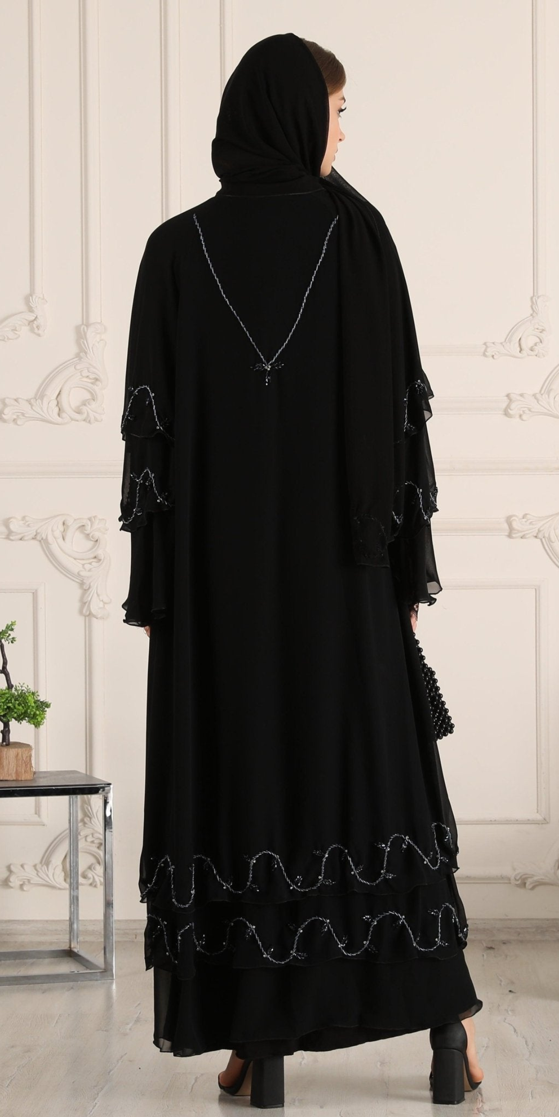 Hand Embroidered Blue Stone Black Chiffon Abaya