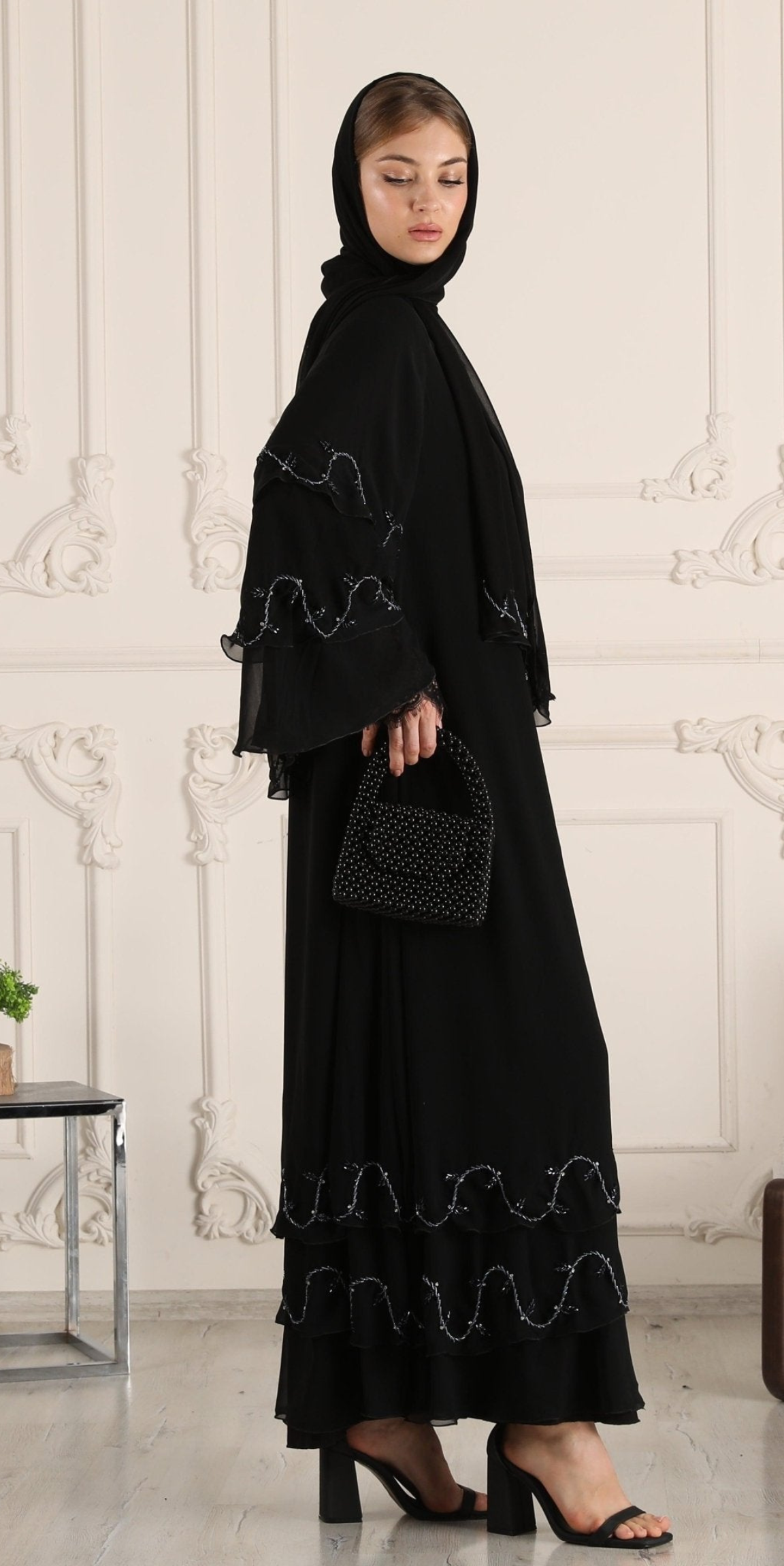 Hand Embroidered Blue Stone Black Chiffon Abaya