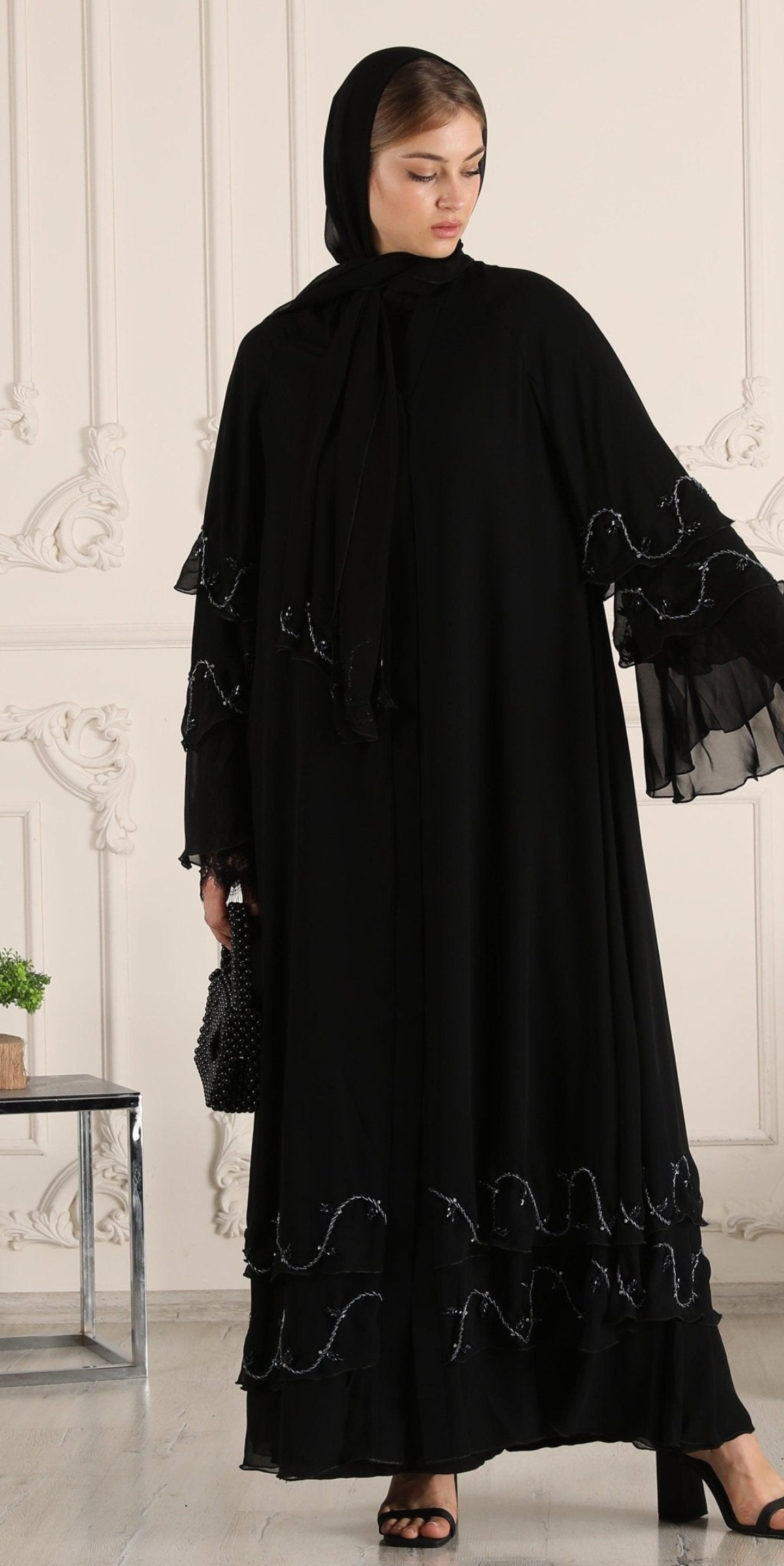 Hand Embroidered Blue Stone Black Chiffon Abaya