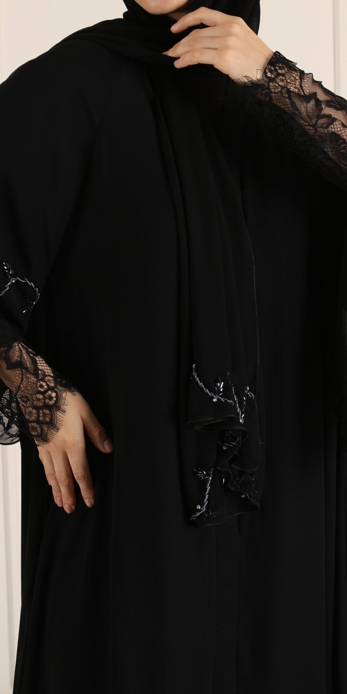 Hand Embroidered Blue Stone Black Chiffon Abaya