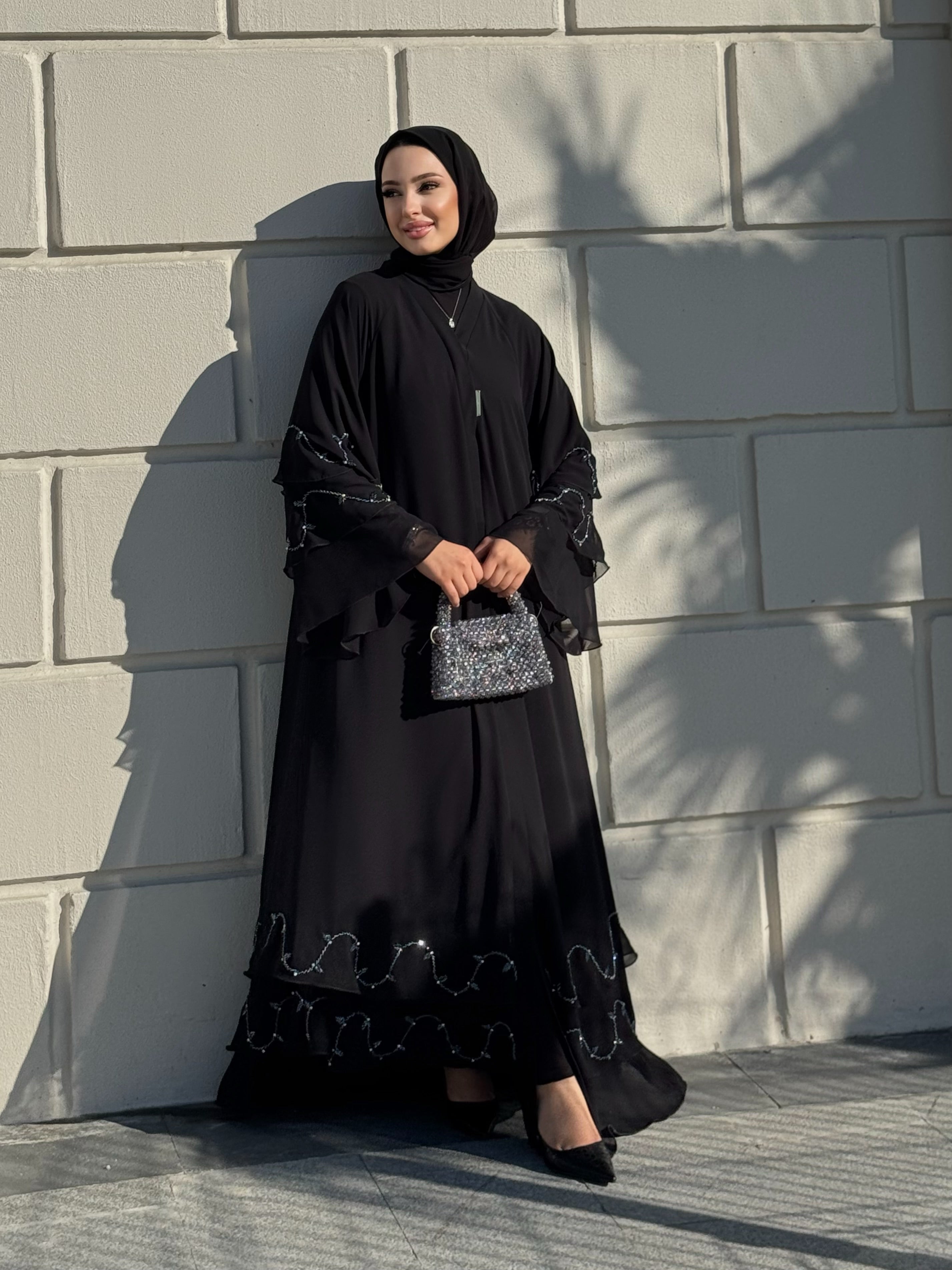 Hand Embroidered Blue Stone Black Chiffon Abaya