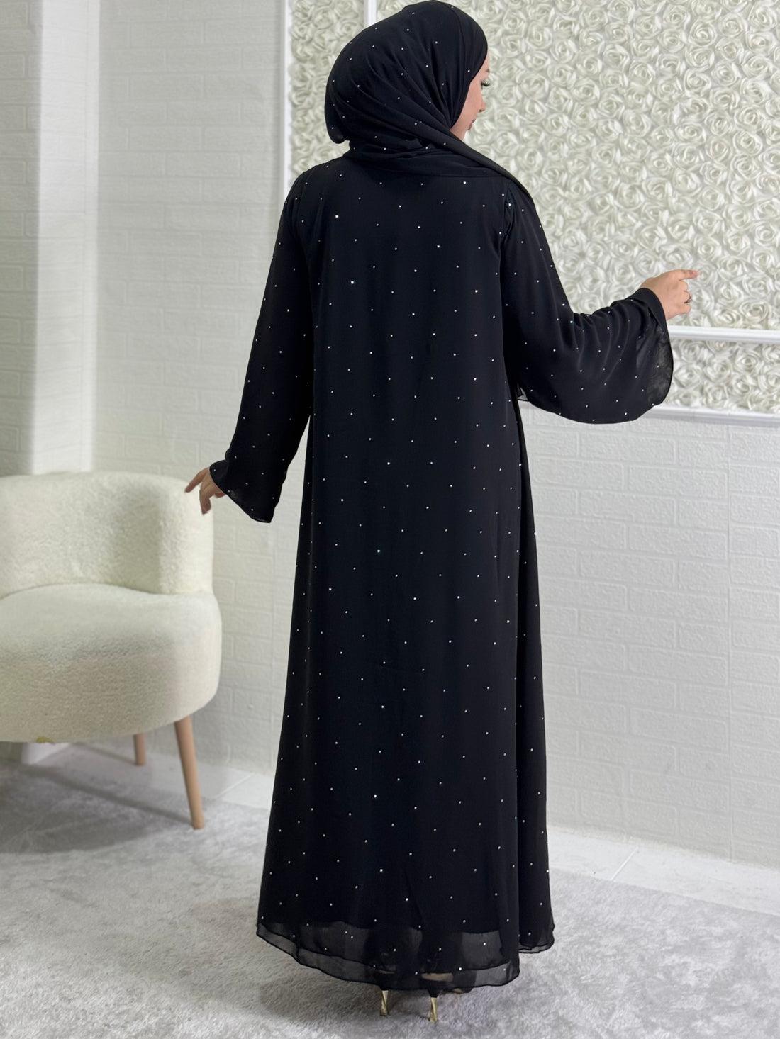 Luxury Chiffon Black Abaya with Swarovski Crystals - Elegant Snap Fastener Model TM063 JSB