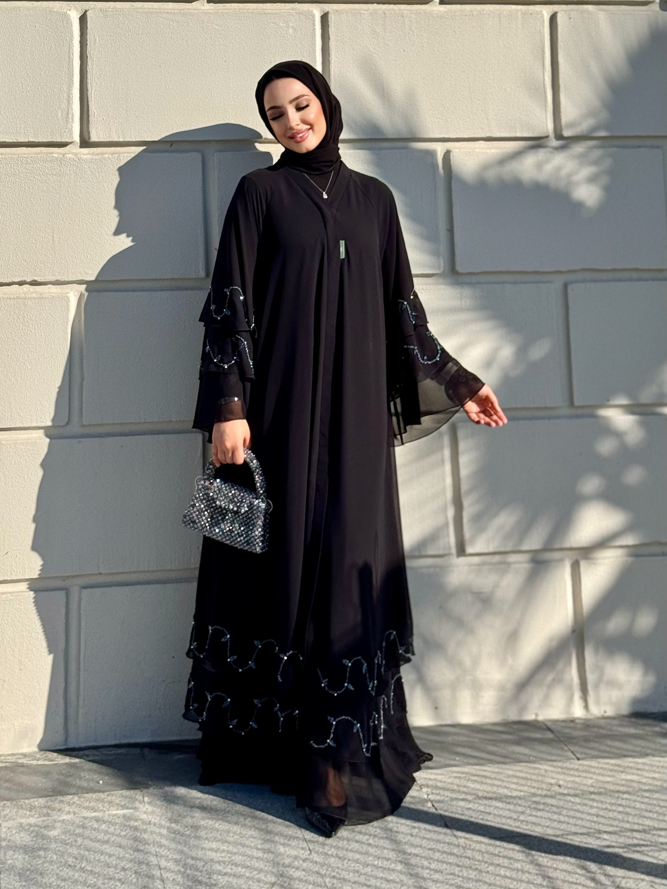 Hand Embroidered Blue Stone Black Chiffon Abaya