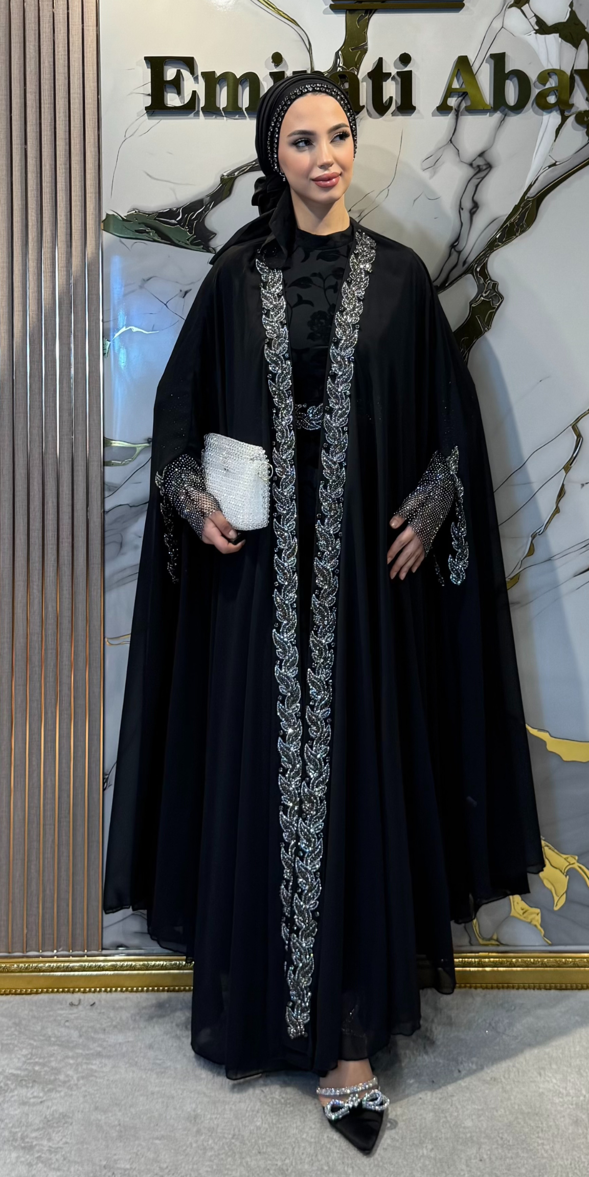 Dubai Stil Hematit Taşlı Siyah Kore Şifon Abaya LY42 HSB - 4 Parça Lüks Set (Şal, Kemer ve Flok İçlik Dahil)