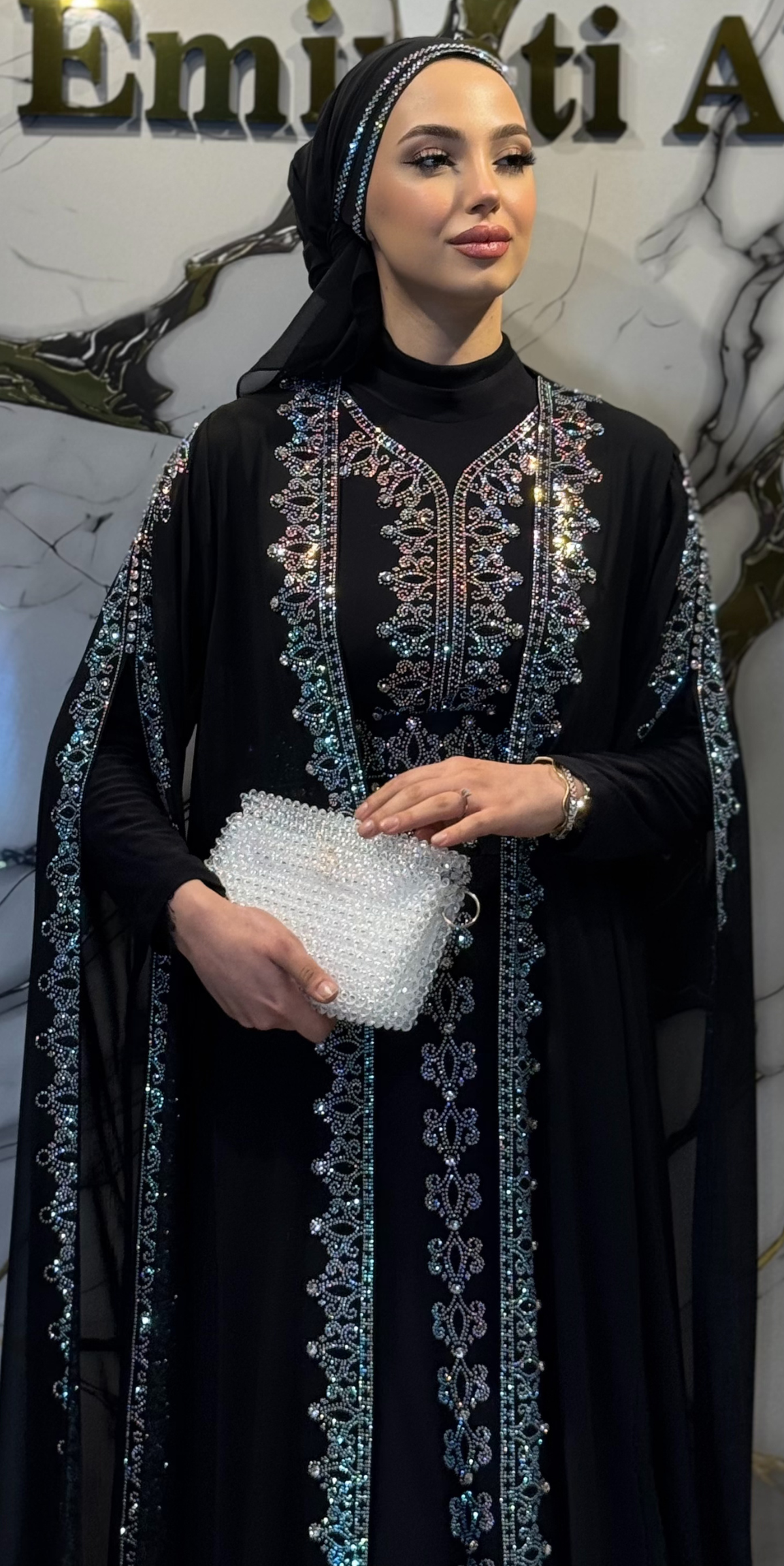 JanJan Taşlı Yere Kadar Uzanan Kol Yöresel Abaya Takımı LY12 JSB - 4 Parça Lüks Set (Şal, Kemer ve İçlik Dahil)