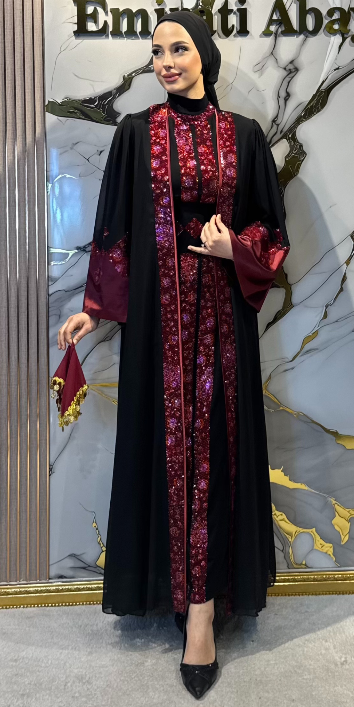 Black Open Abaya with Red Embroidered 