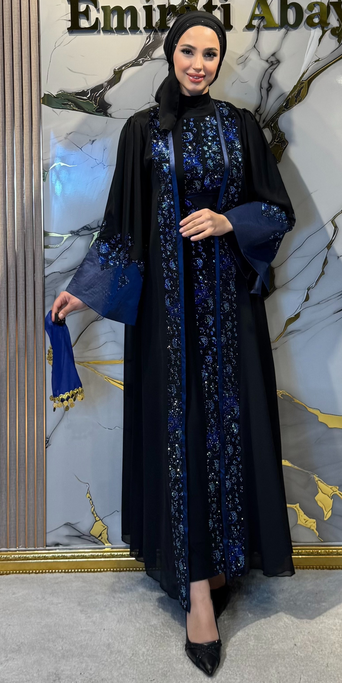 Dubai Style Blue Swarovski Crystal Embellished Traditional Black Korean Chiffon Abaya WS66 MSB - 4-Piece Luxury Set (Includes Shawl, Belt and Undershirt) WS66 MSB