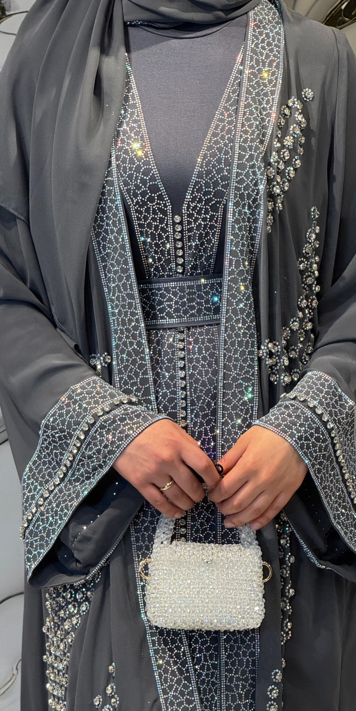 Open-Front Traditional Grey Set with Crystal Embellishments | 4-Piece Set