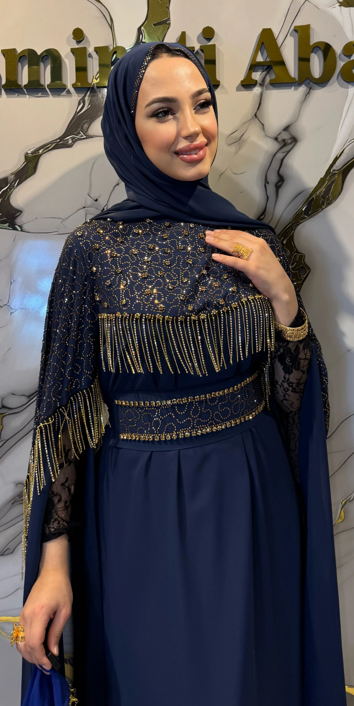 Larcİvet Şifon Gold Taşlı Uzun Kollu Abaya | WS56 GSL