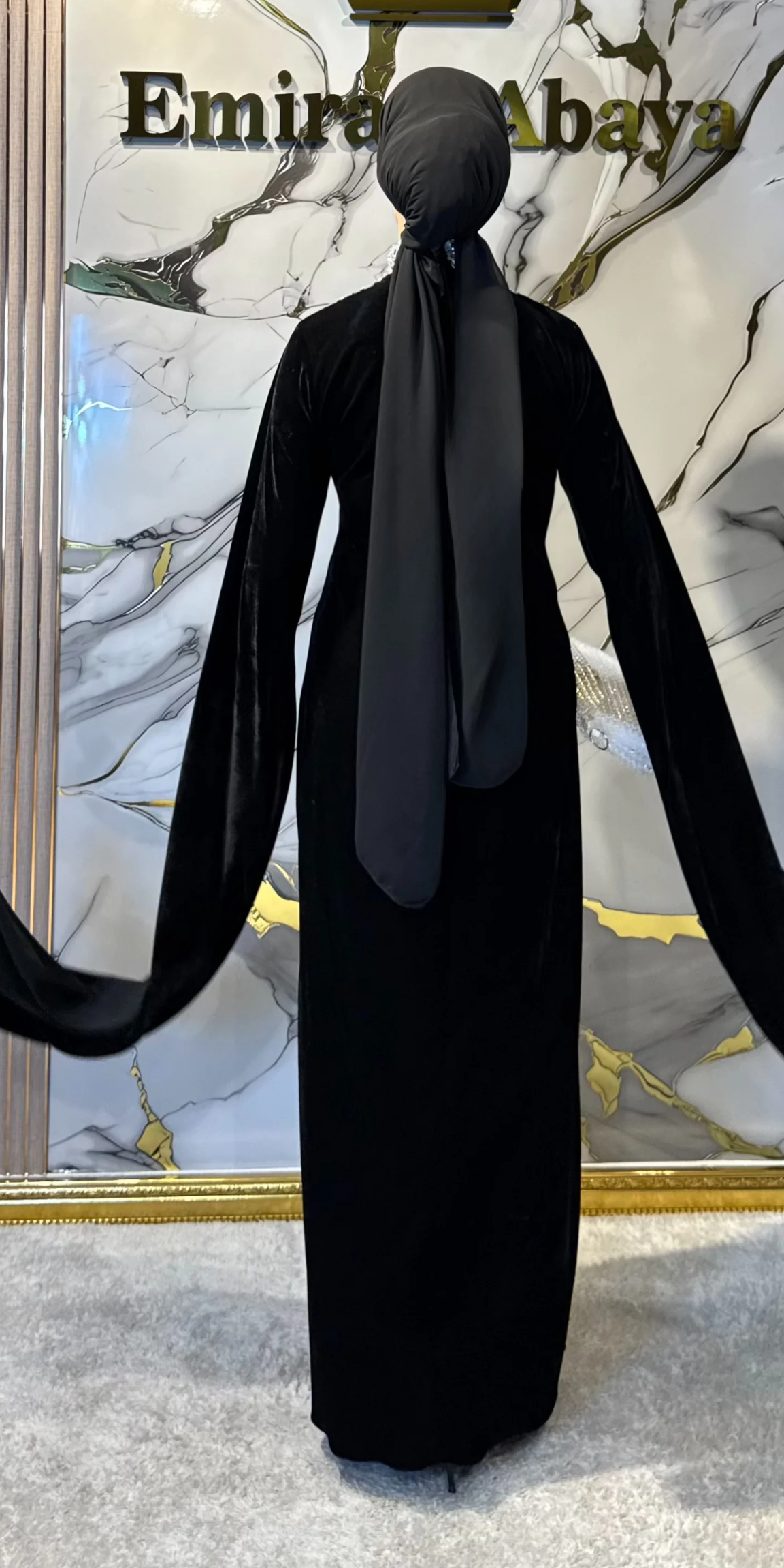 Long-Sleeved, Handcrafted Black Velvet Abaya with White Stones | EF0019 WSVB