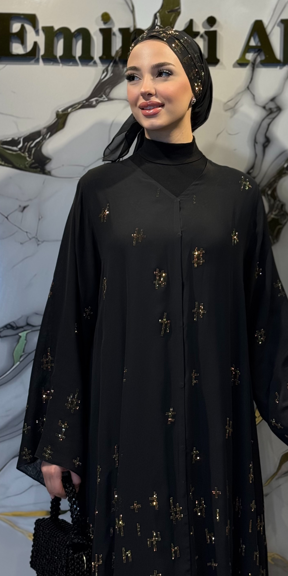 Luxury Gold Geometric Stone Detail Black Chiffon Abaya TM53 GSB