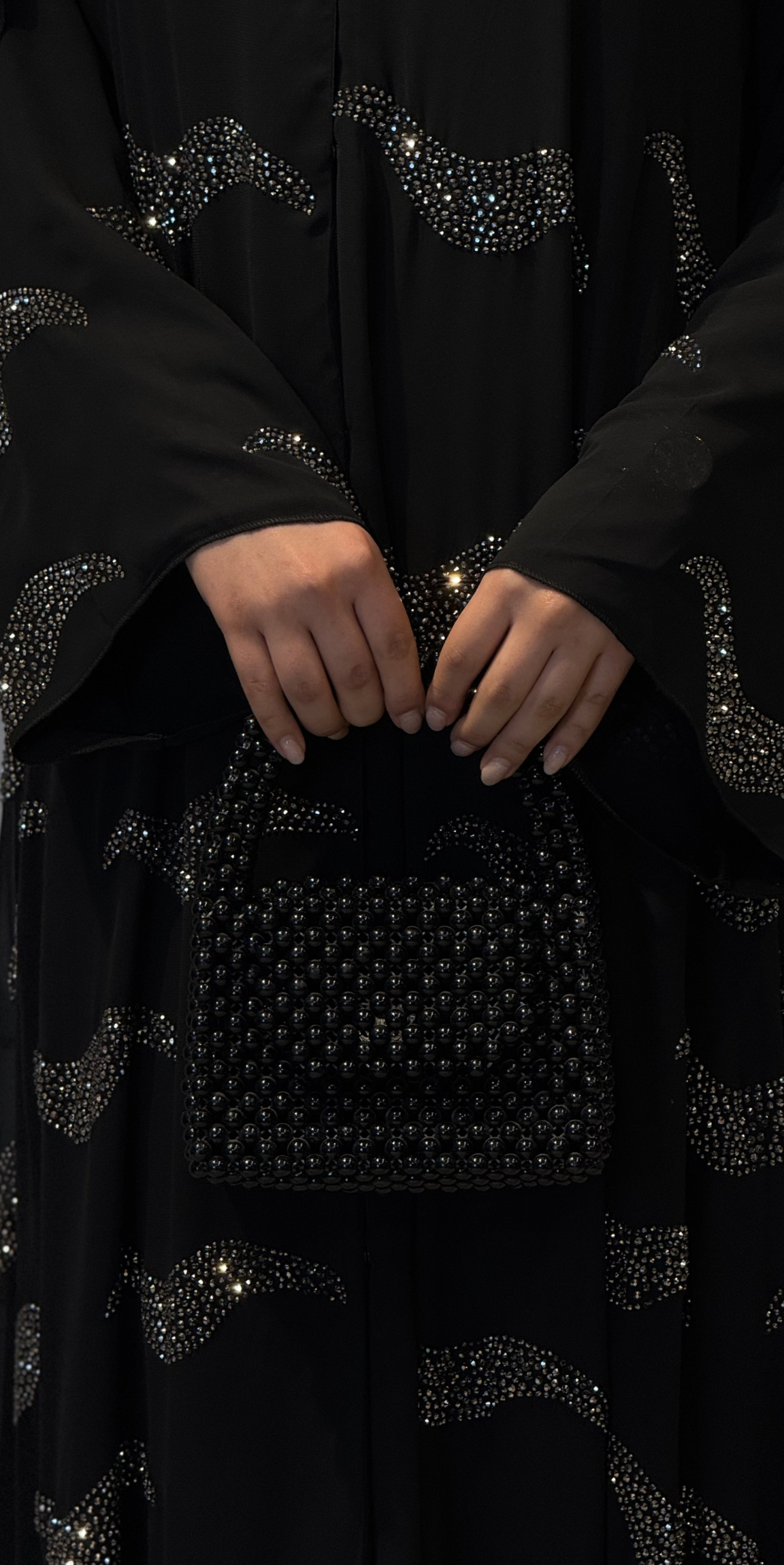 Dalga Desenli Hematit Taş İşlemeli Şifon Abaya | TM39 HSB