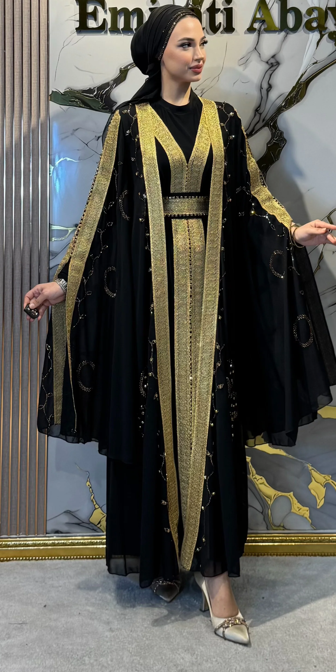 Gold Embellished Ribbon Detail Butterfly Sleeve Black Abaya Set - 4-Piece Luxury Set (Includes Shawl, Belt and Undershirt) WS46 GSB