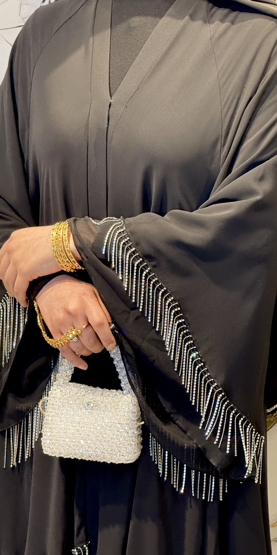 Etek Uçları Kristal Püsküllü Üç Katlı Abaya RK011 Püskül Black - Çıtçıtlı Zarif Model