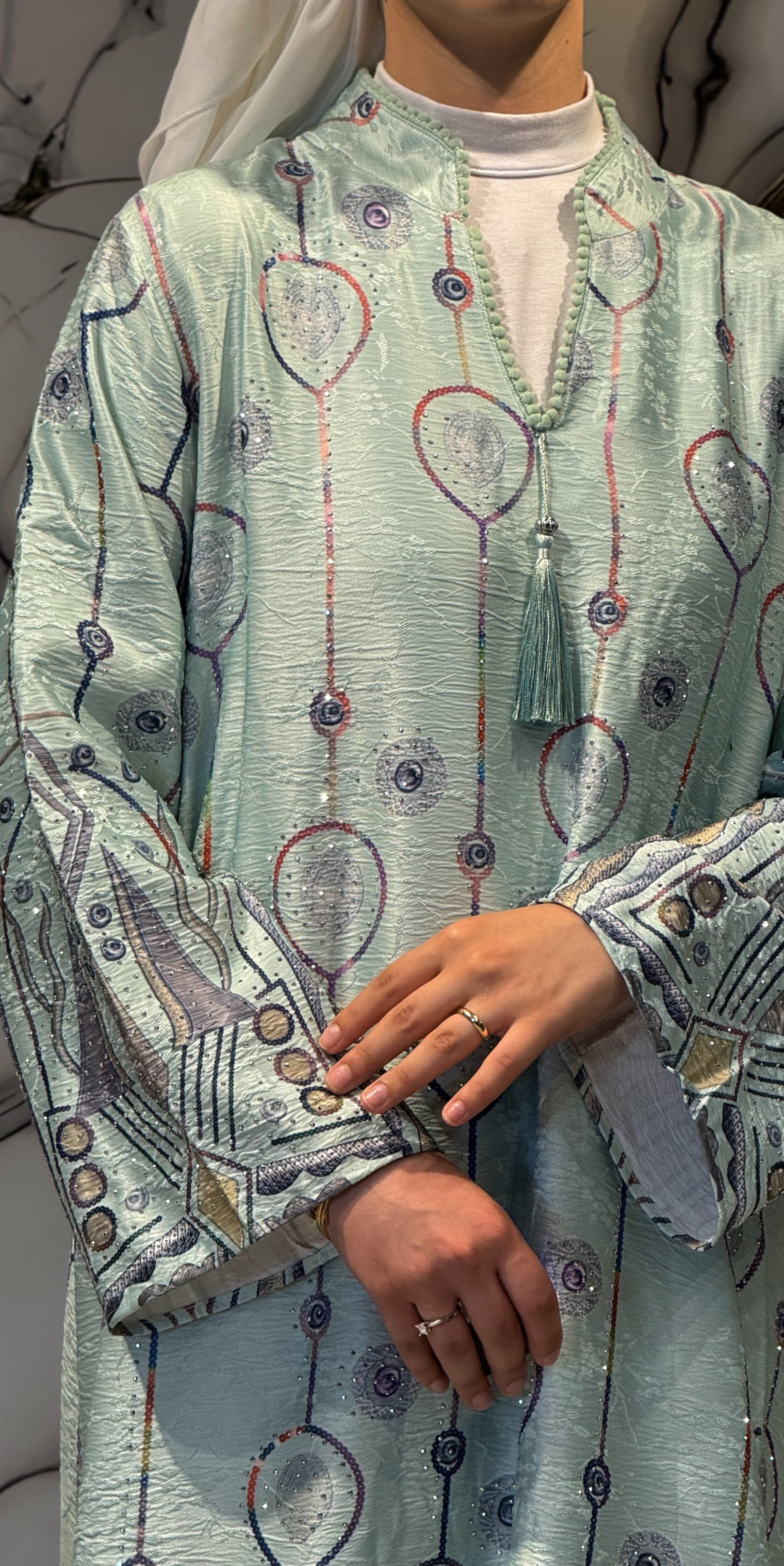 Geometrik Baskılı Mint Yeşili Jakar Günlük Abaya | KSA12 YEŞIL