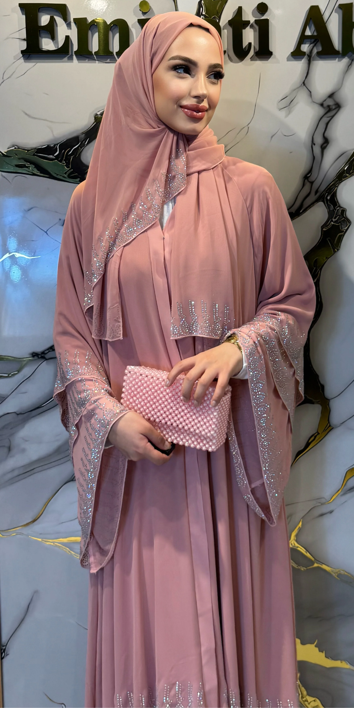 Three-Layer JanJan Embellished Pink Chiffon Set | M7 JSP