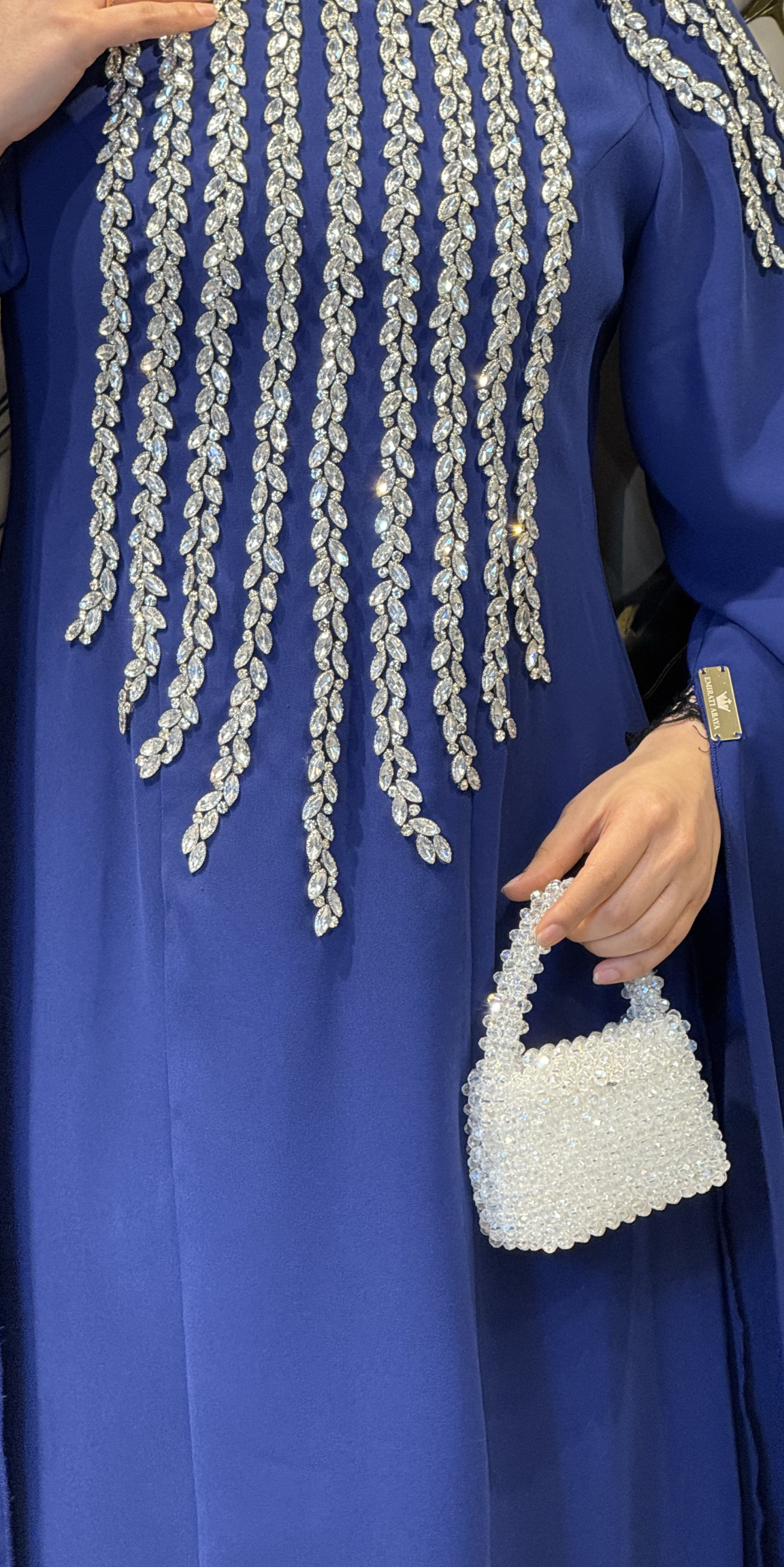 Saks Mavi Dubai Kumaş Boyundan Aşağı El İşçiliği Beyaz Taşlı Abaya | EF0019 WSDL