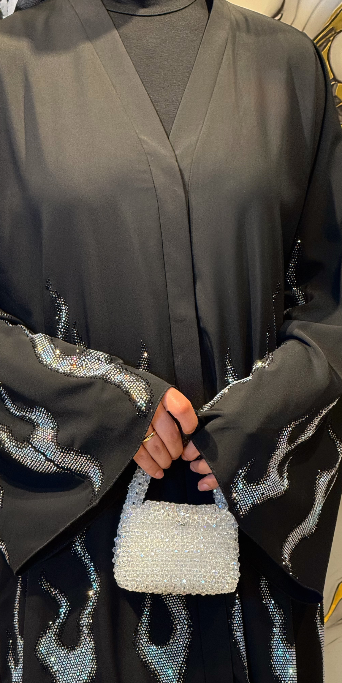 Lüks Ateş Desenli Janjan Taşlı Siyah Dubai Kumaş Abaya | TM0103 JSB