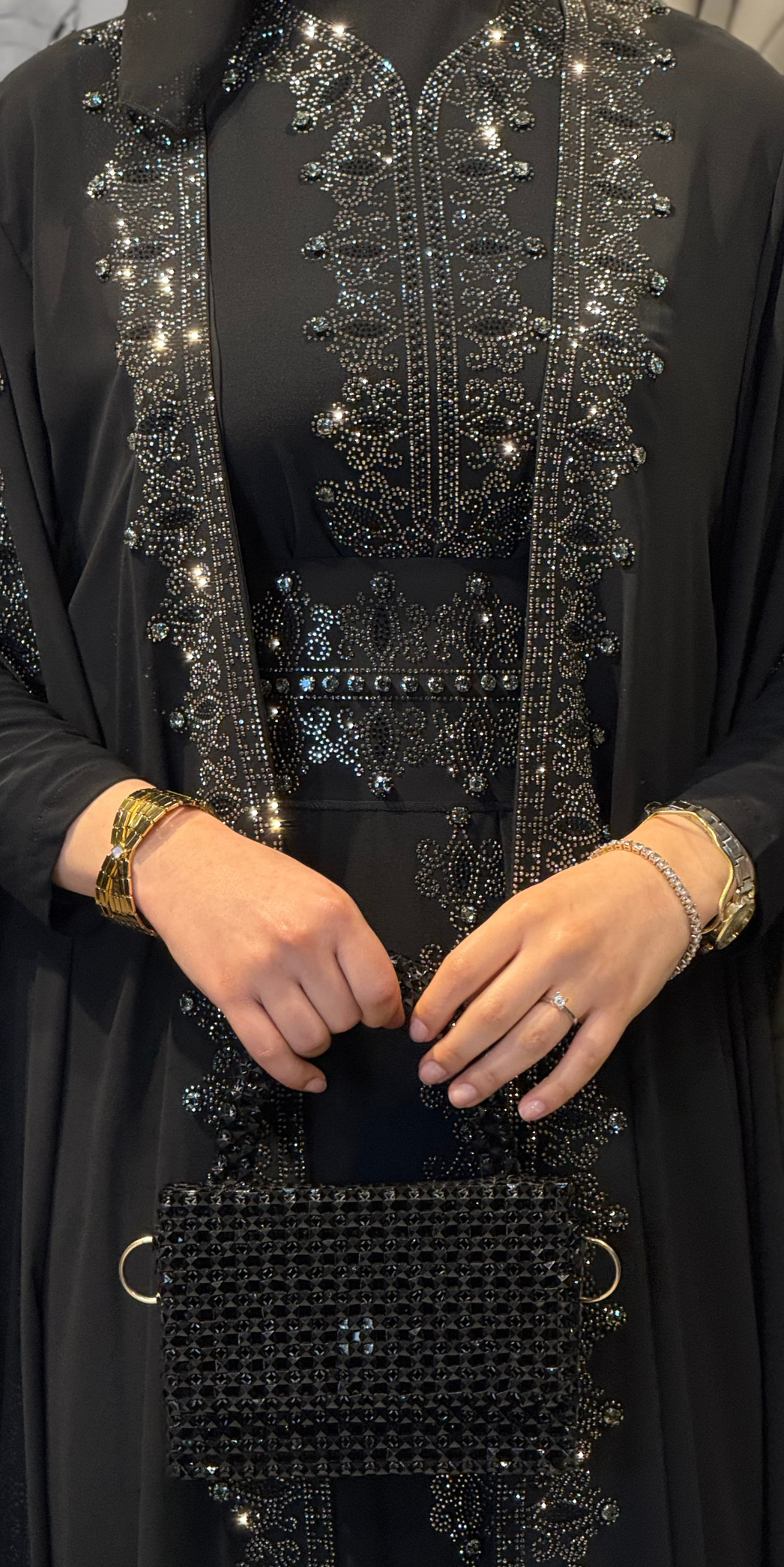 Hematit Taşlı Siyah Şifon Abaya Uzun Kollu 4 Parça Takım LY12 HSB