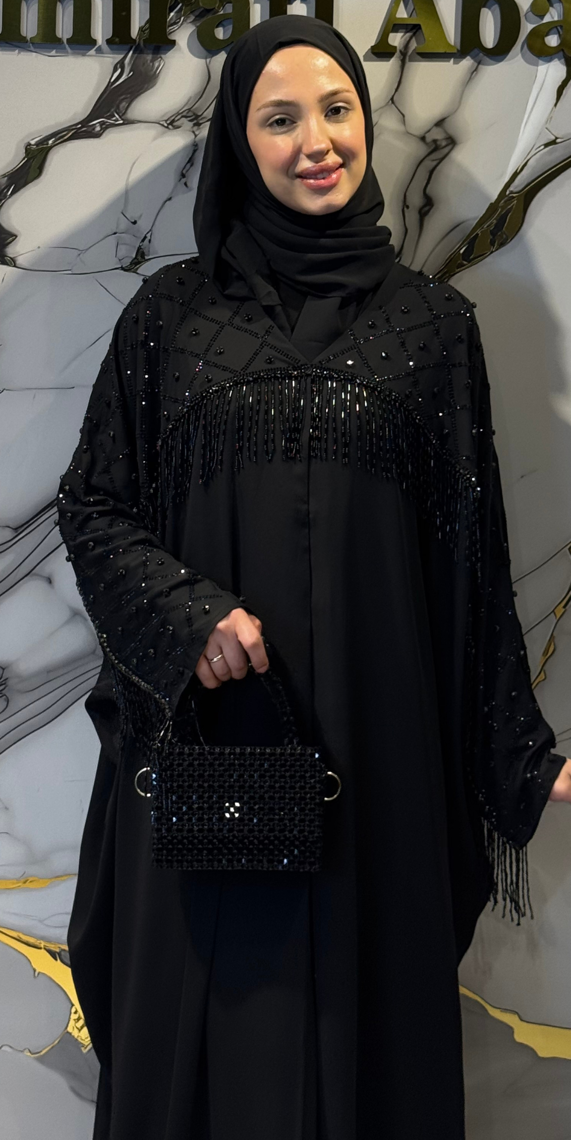 Siyah Taş İşlemeli Yarasa Kol Abaya TM80 BSB