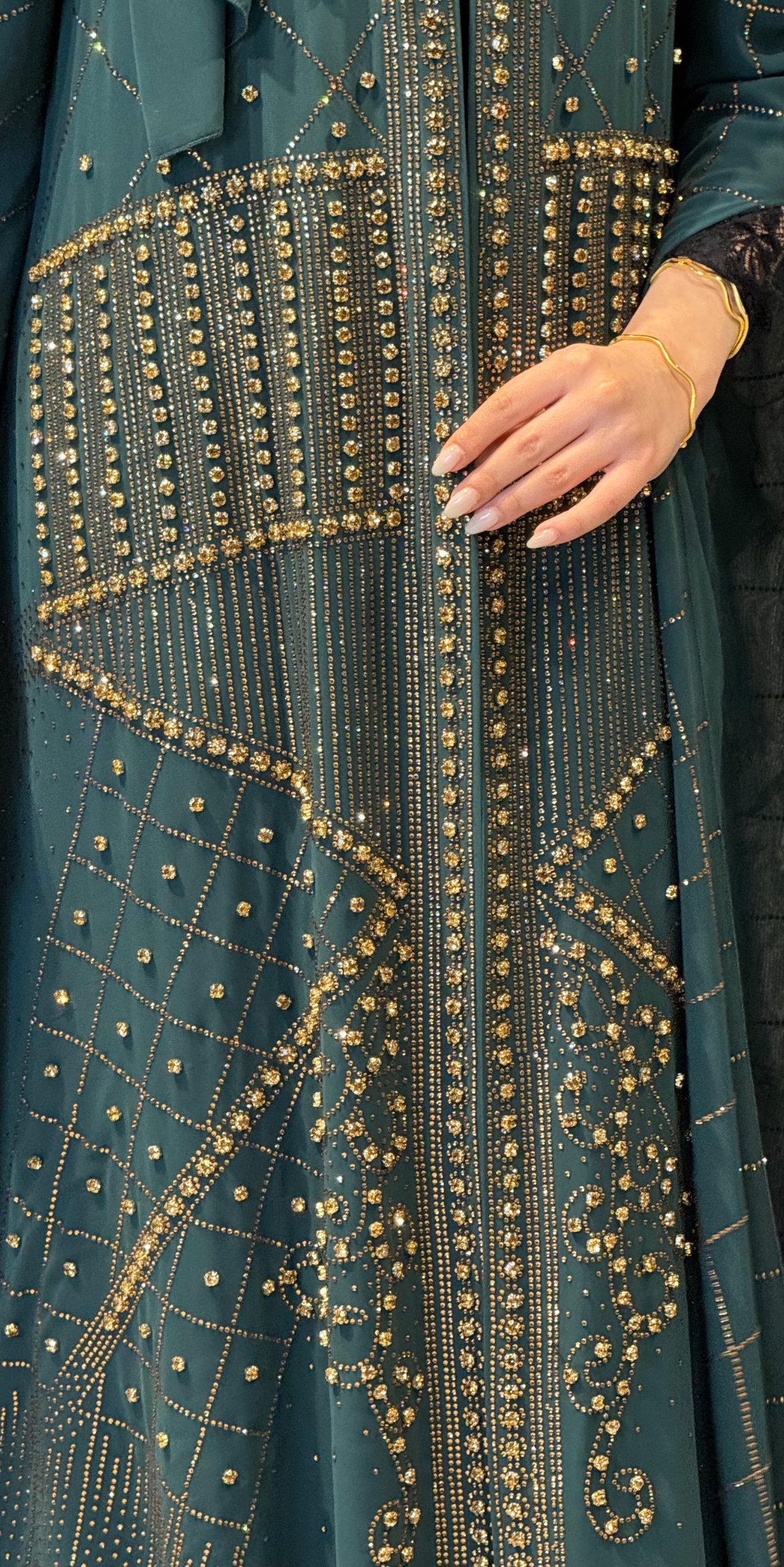 Gold Taşlı Geometrik Desenli Yeşil Şifon Abaya Şal Dahil | TM83 GSG