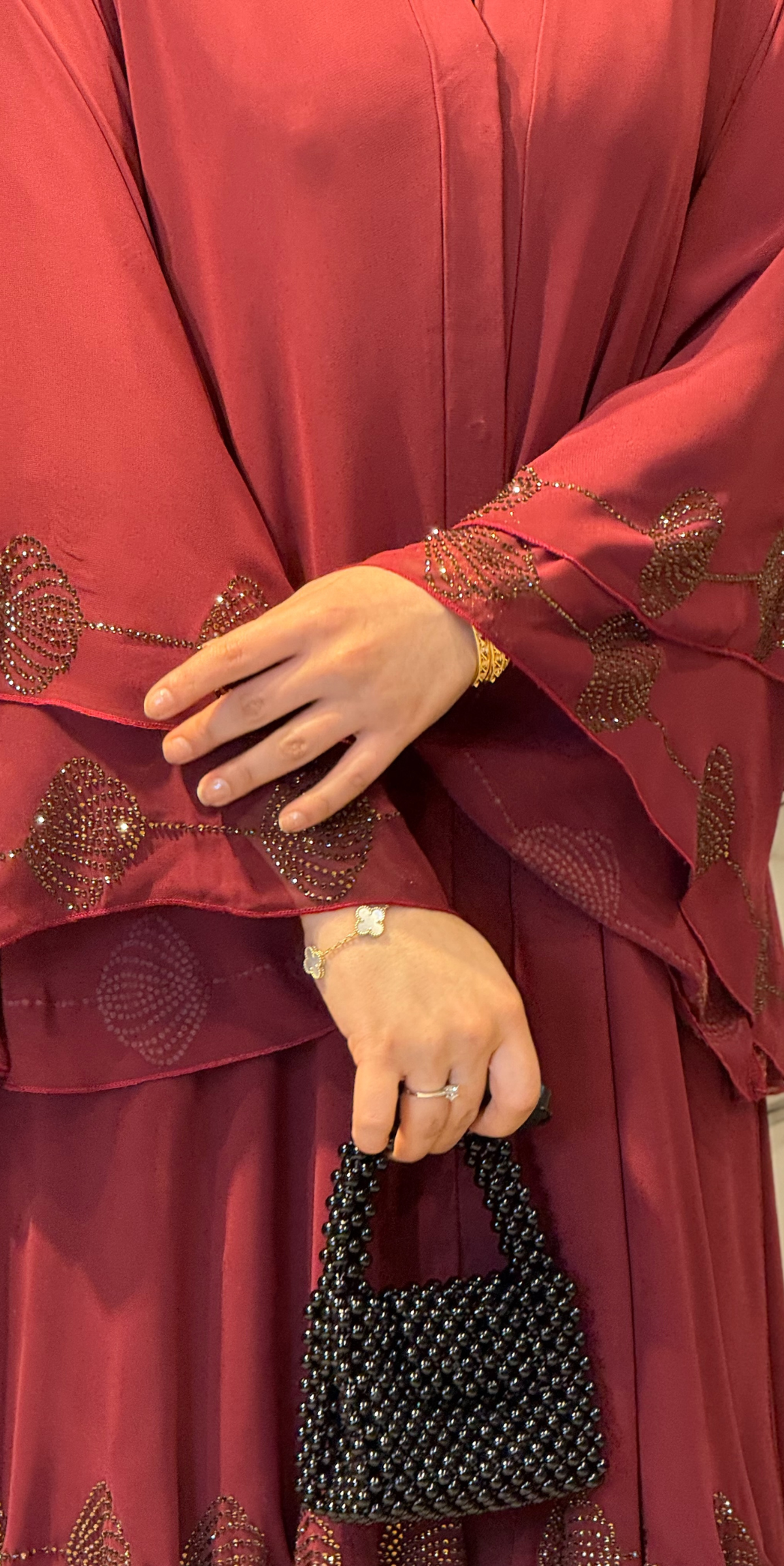 Three-Layer Chiffon Abaya with Gold Floral Hem in Burgundy | TM33 GS BORDEAUX