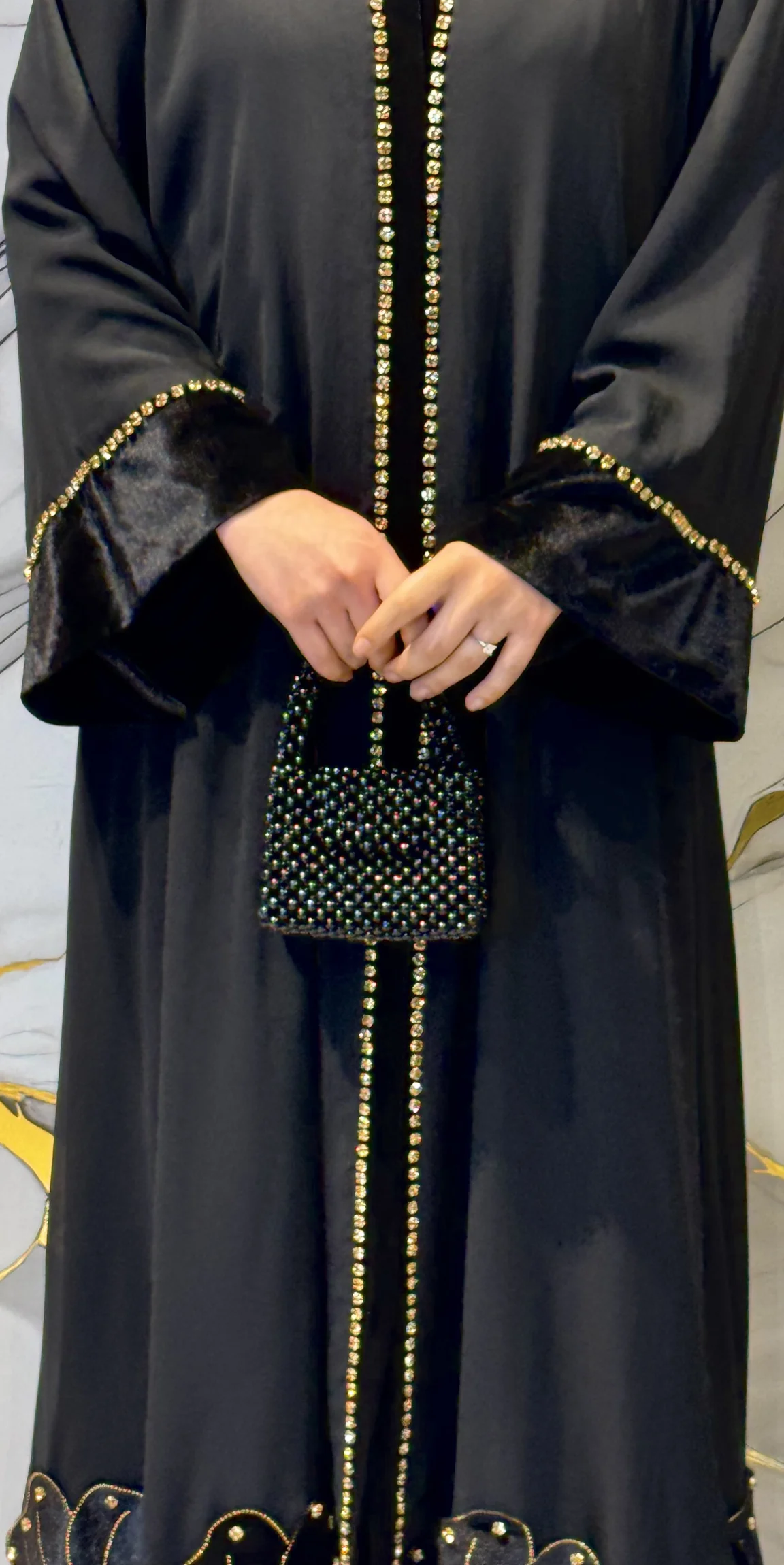 Chiffon and Velvet Combination Floral Patterned Abaya with Gold Stones | WS60 GSB