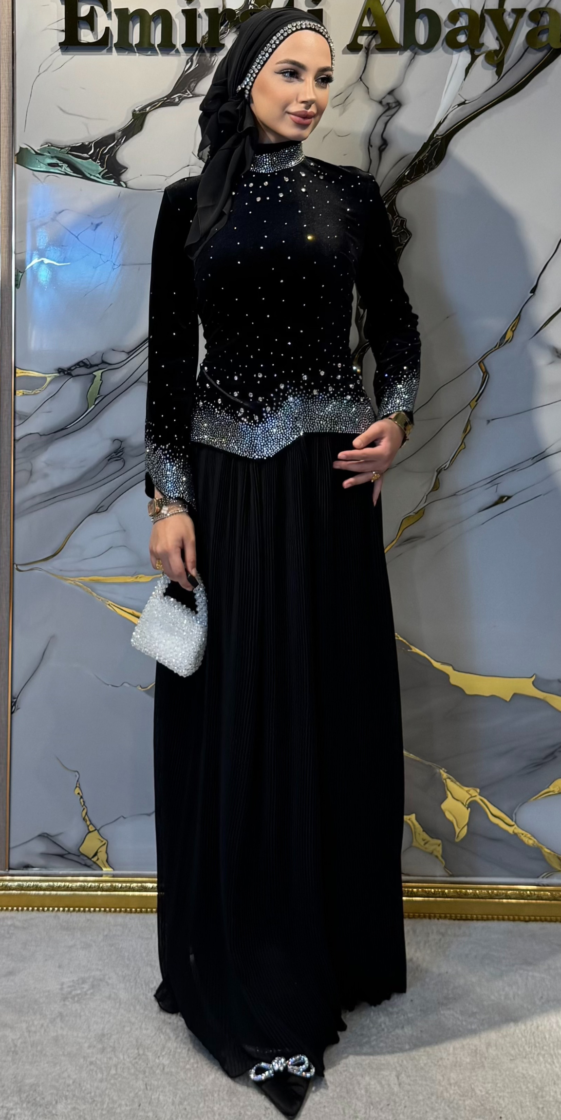 Night Glow Black Velvet Dubai Evening Gown with Swarovski Crystals | LY22 WSVB