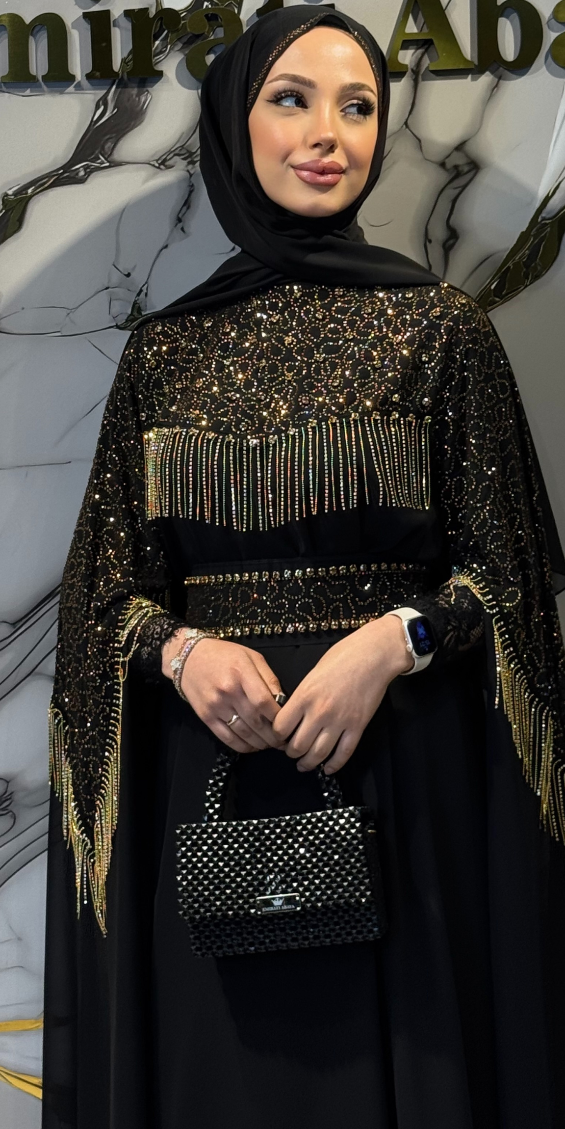 Gold Taşlı Uzun Kollu Siyah Abaya | WS56 GSB